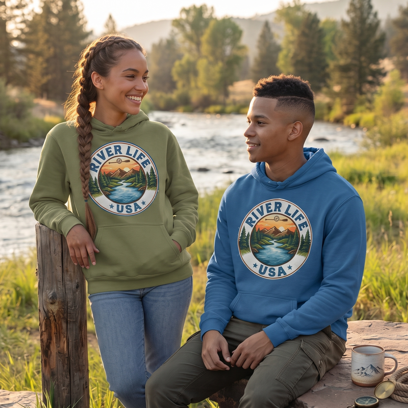 River Life USA Circle Logo | Unisex Pullover Hoodie-Military Green-River Life USA