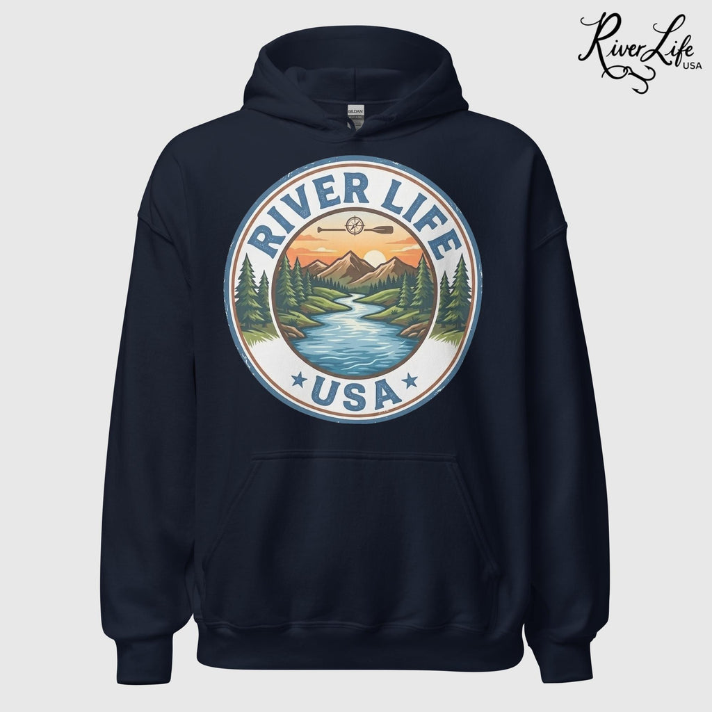 River Life USA Circle Logo | Unisex Pullover Hoodie-Navy-River Life USA