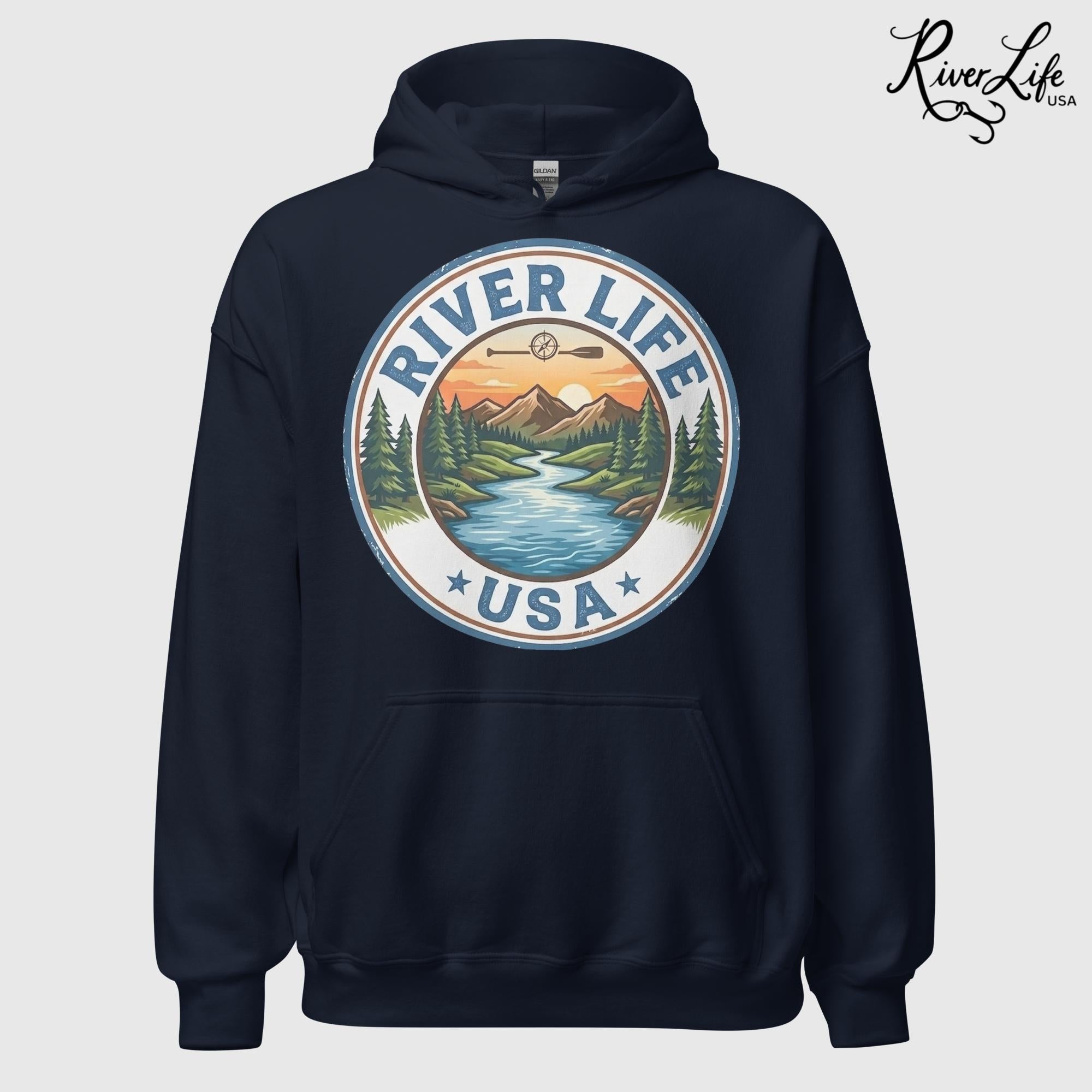 River Life USA Circle Logo | Unisex Pullover Hoodie-Navy-River Life USA