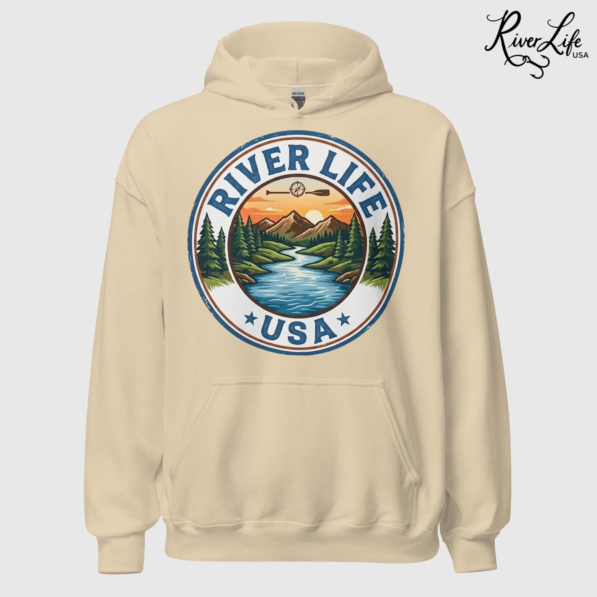 River Life USA Circle Logo | Unisex Pullover Hoodie-Sand-River Life USA