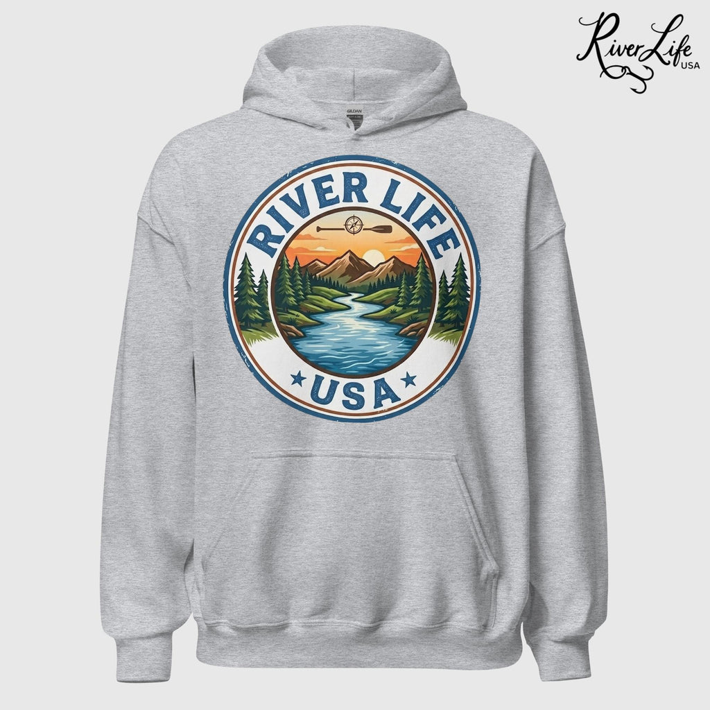 River Life USA Circle Logo | Unisex Pullover Hoodie-Sport Grey-River Life USA