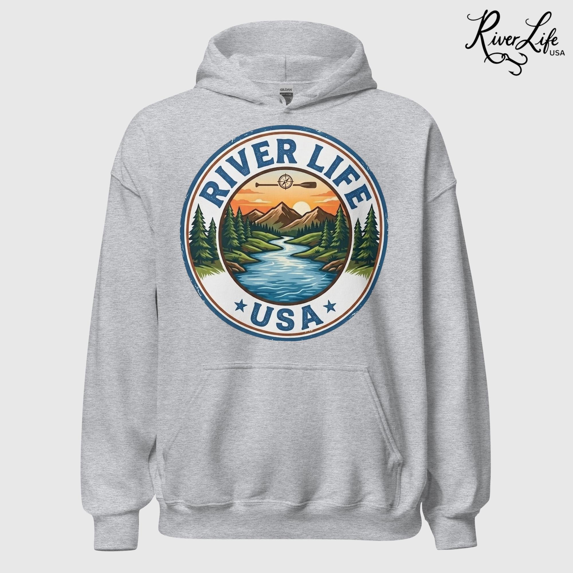 River Life USA Circle Logo | Unisex Pullover Hoodie-Sport Grey-River Life USA