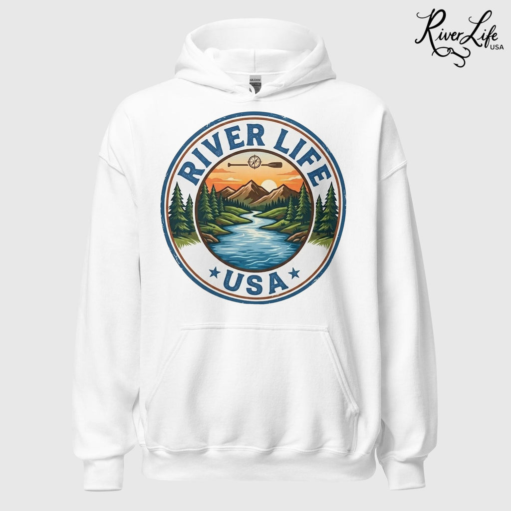 River Life USA Circle Logo | Unisex Pullover Hoodie-White-River Life USA