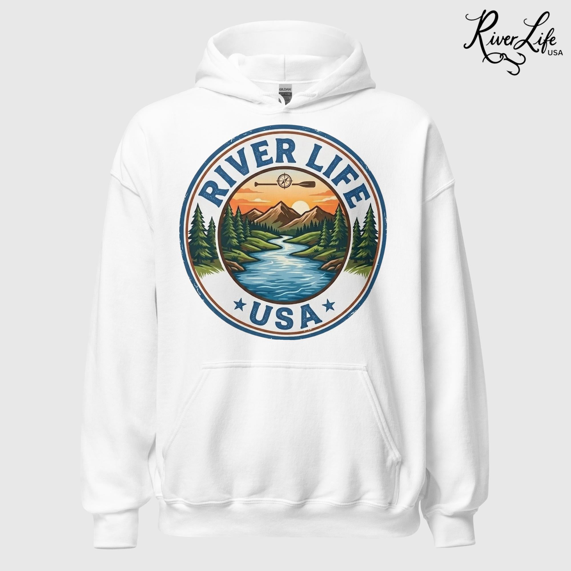 River Life USA Circle Logo | Unisex Pullover Hoodie-White-River Life USA