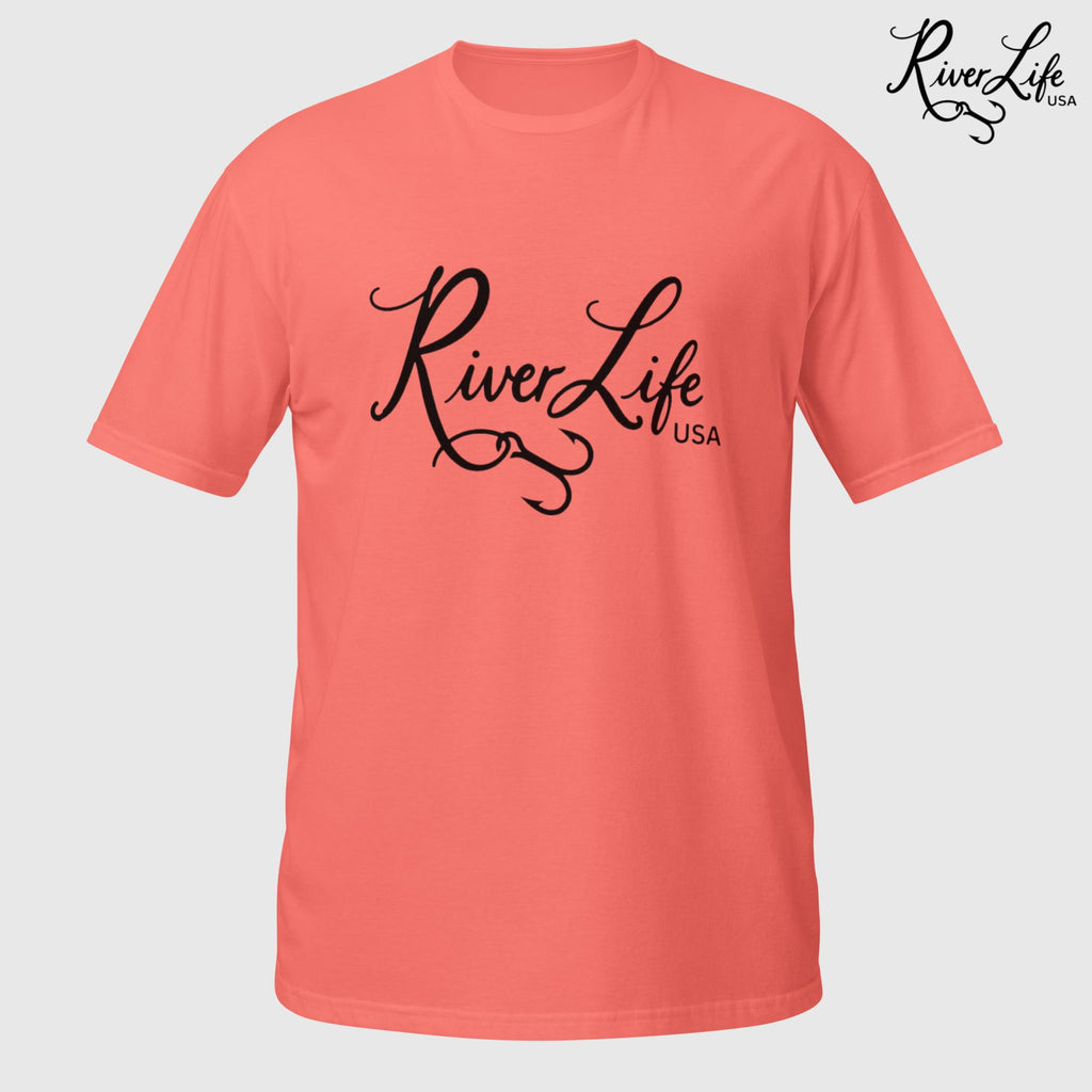 River Life USA Script Logo (black print) | Short-Sleeve Unisex T-Shirt-Coral Silk-River Life USA