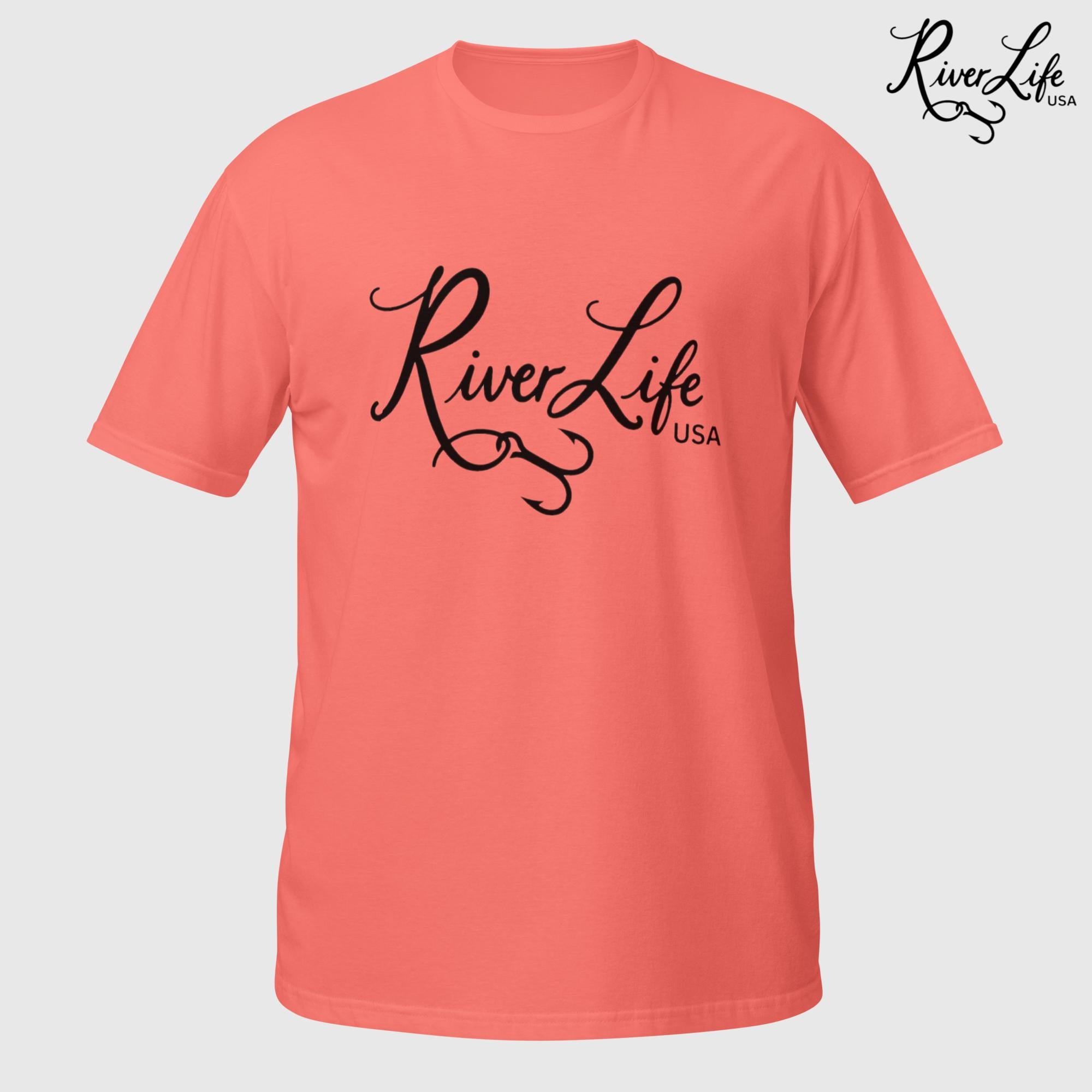 River Life USA Script Logo (black print) | Short-Sleeve Unisex T-Shirt-Coral Silk-River Life USA