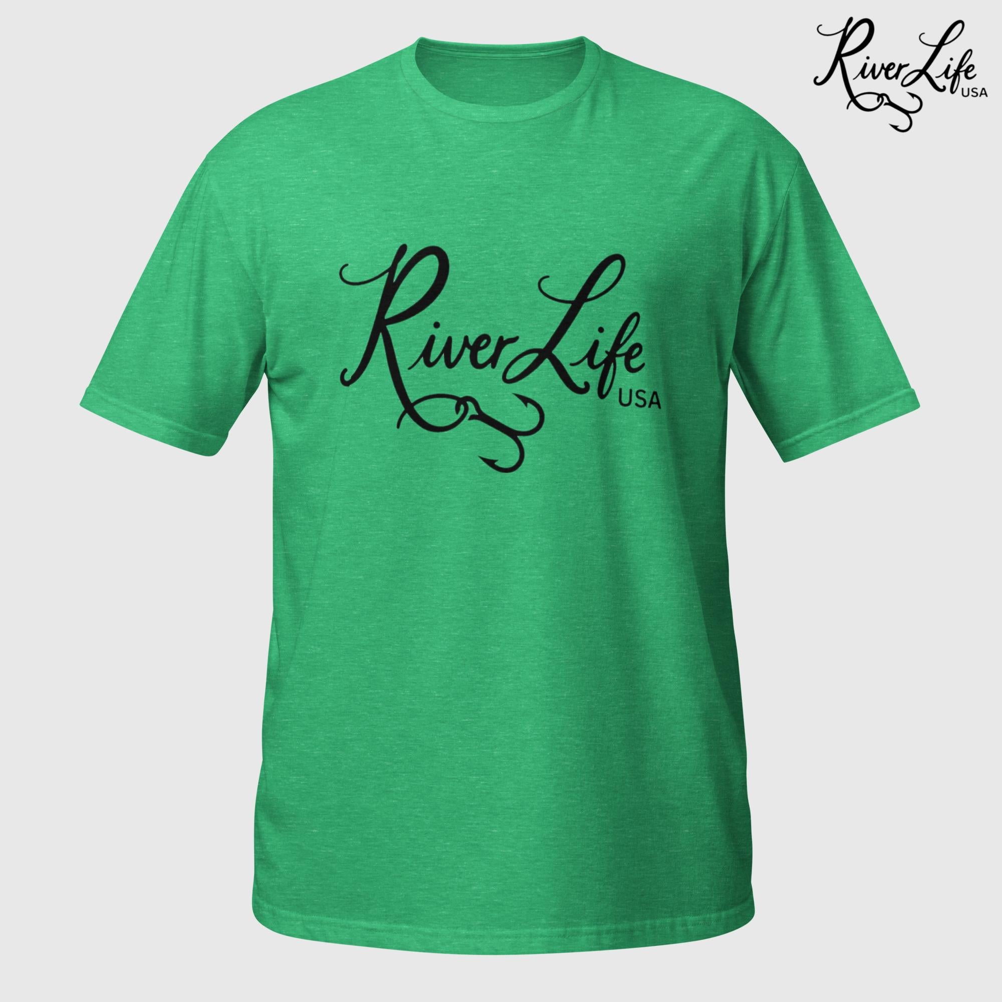 River Life USA Script Logo (black print) | Short-Sleeve Unisex T-Shirt-Heather Irish Green-River Life USA
