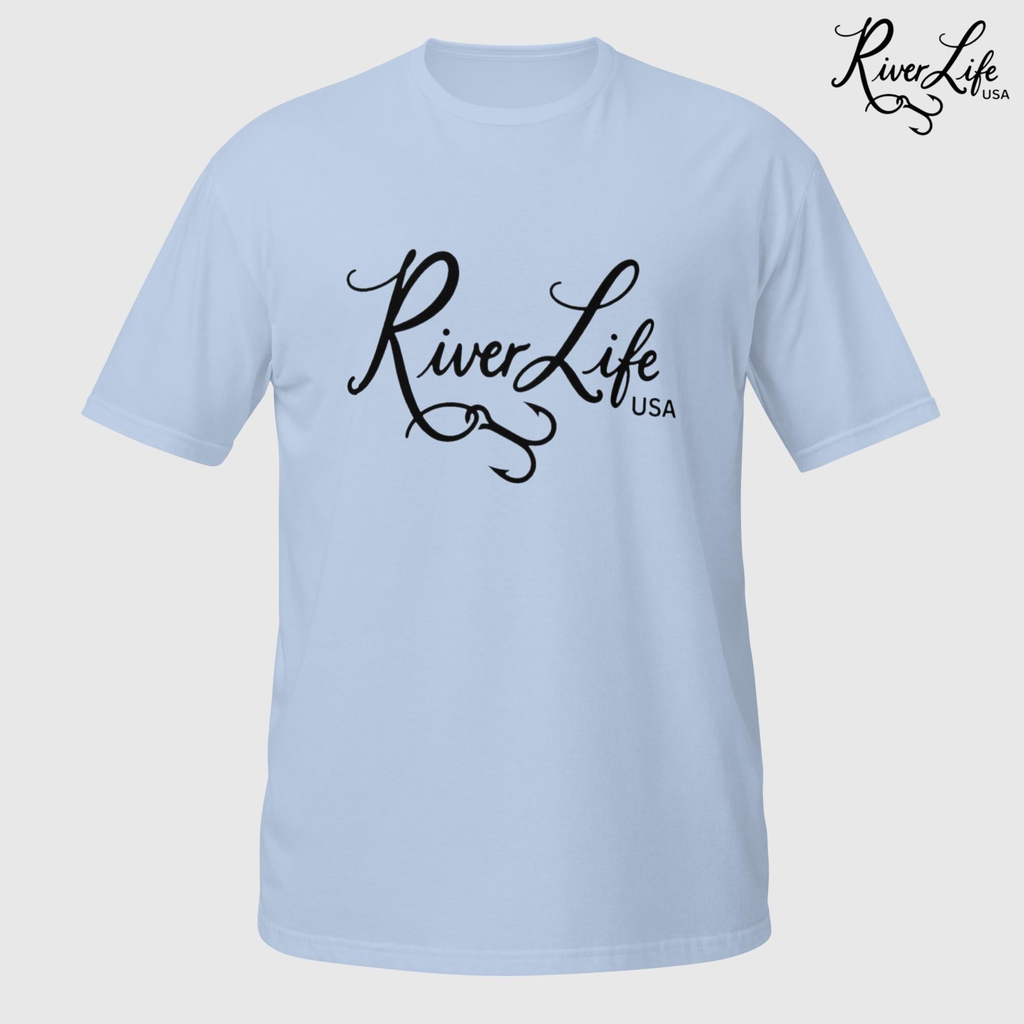 River Life USA Script Logo (black print) | Short-Sleeve Unisex T-Shirt-Light Blue-River Life USA