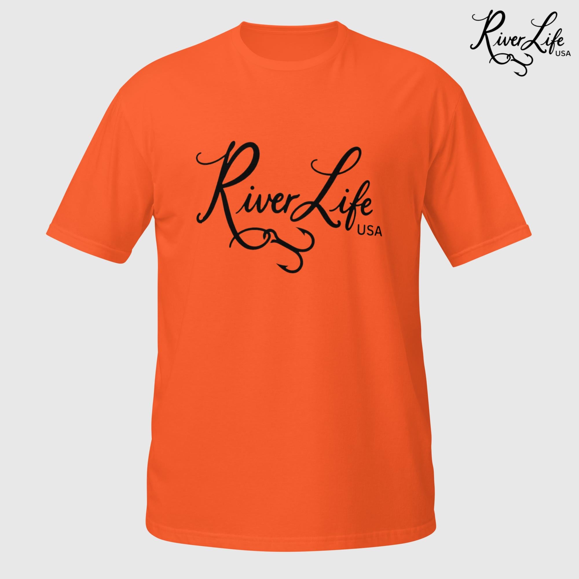 River Life USA Script Logo (black print) | Short-Sleeve Unisex T-Shirt-Orange-River Life USA