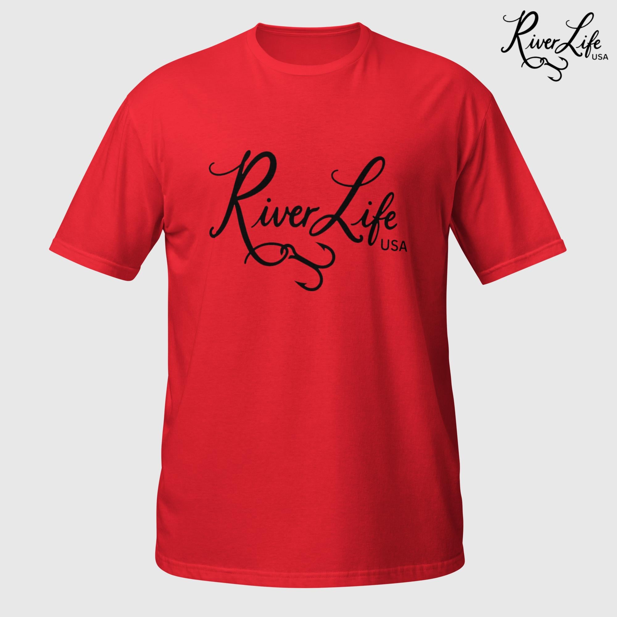 River Life USA Script Logo (black print) | Short-Sleeve Unisex T-Shirt-Red-River Life USA