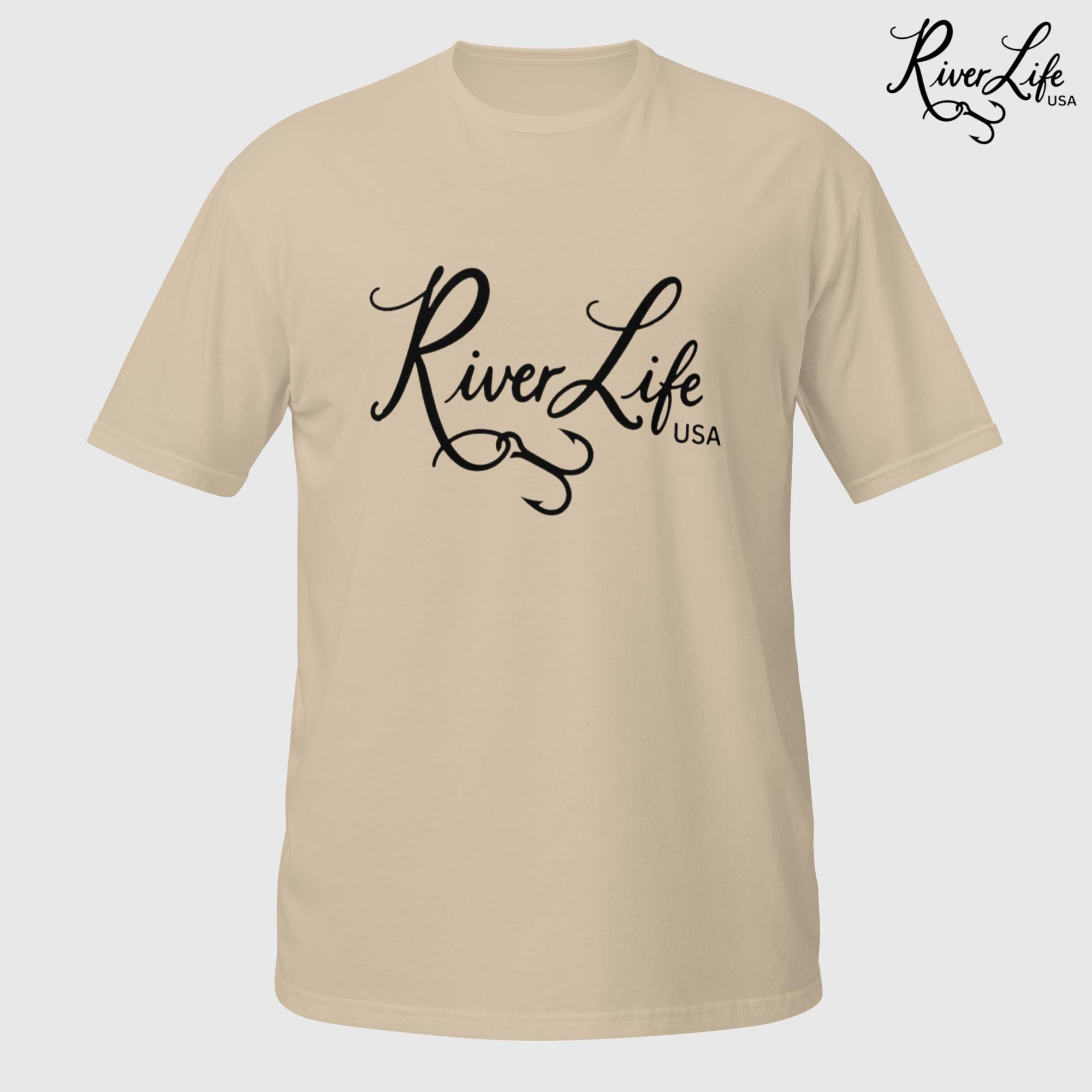 River Life USA Script Logo (black print) | Short-Sleeve Unisex T-Shirt-Sand-River Life USA