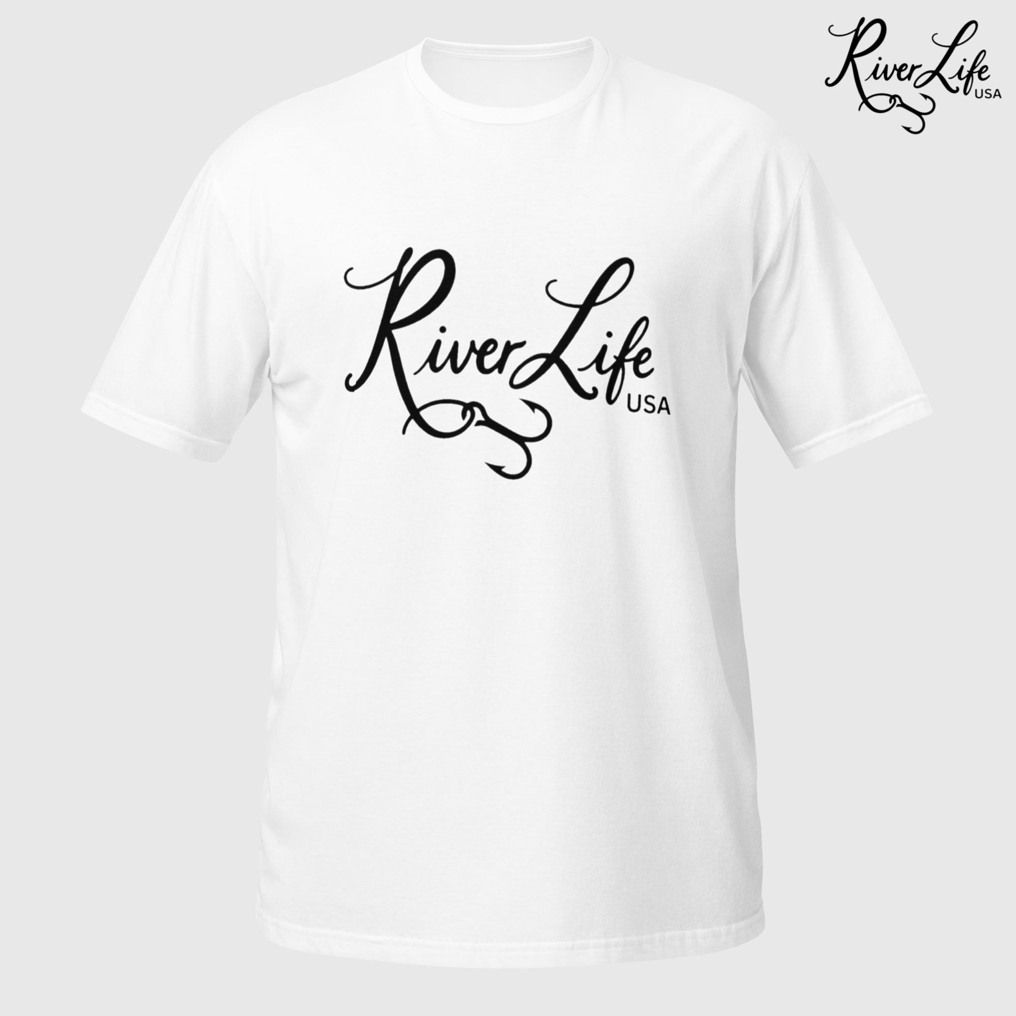 River Life USA Script Logo (black print) | Short-Sleeve Unisex T-Shirt-White-River Life USA