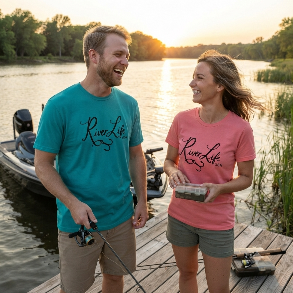 River Life USA Script Logo (black print) | Short-Sleeve Unisex T-Shirt-Tropical Blue-River Life USA