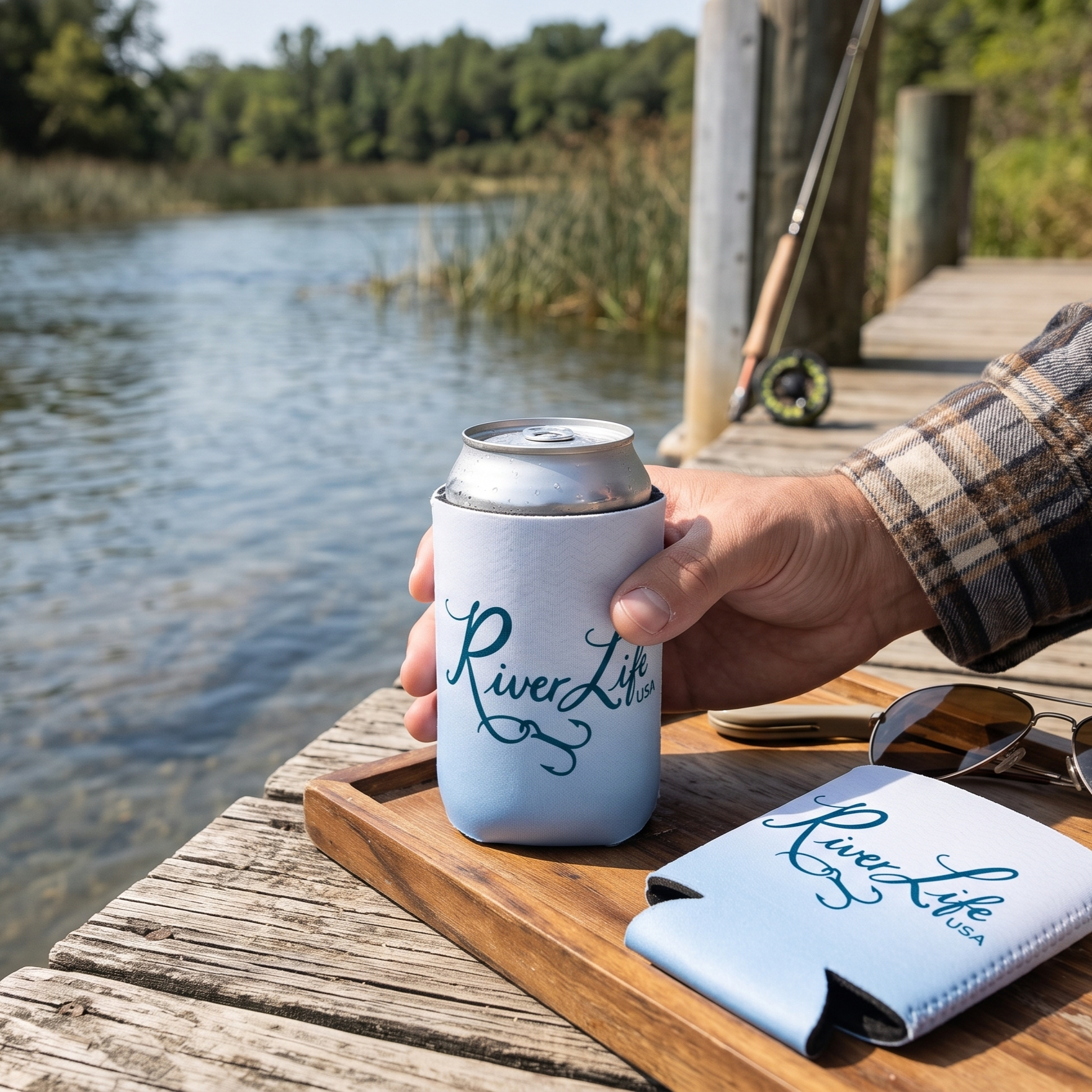 River Life USA Script Logo | Can Koozie-River Life USA