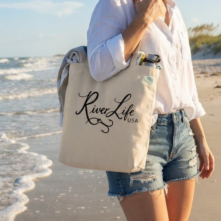 River Life USA Script Logo | Eco Tote Bag-River Life USA