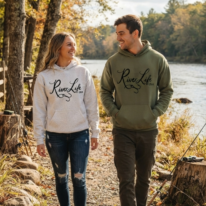 River Life USA Script Logo | Unisex Pullover Hoodie-ash-River Life USA