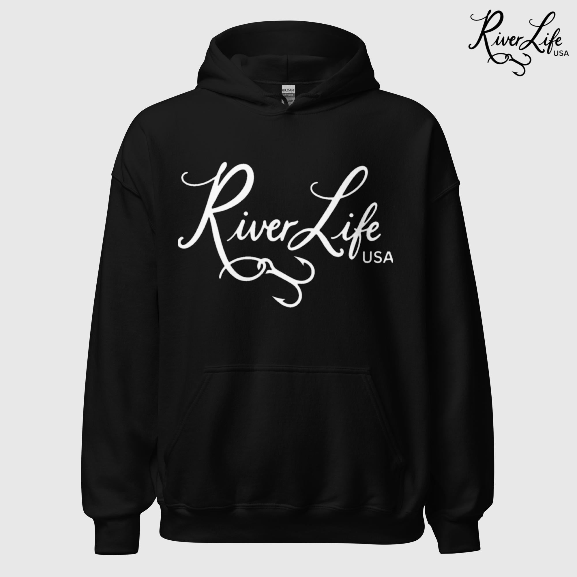 River Life USA Script Logo | Unisex Pullover Hoodie-Black-River Life USA