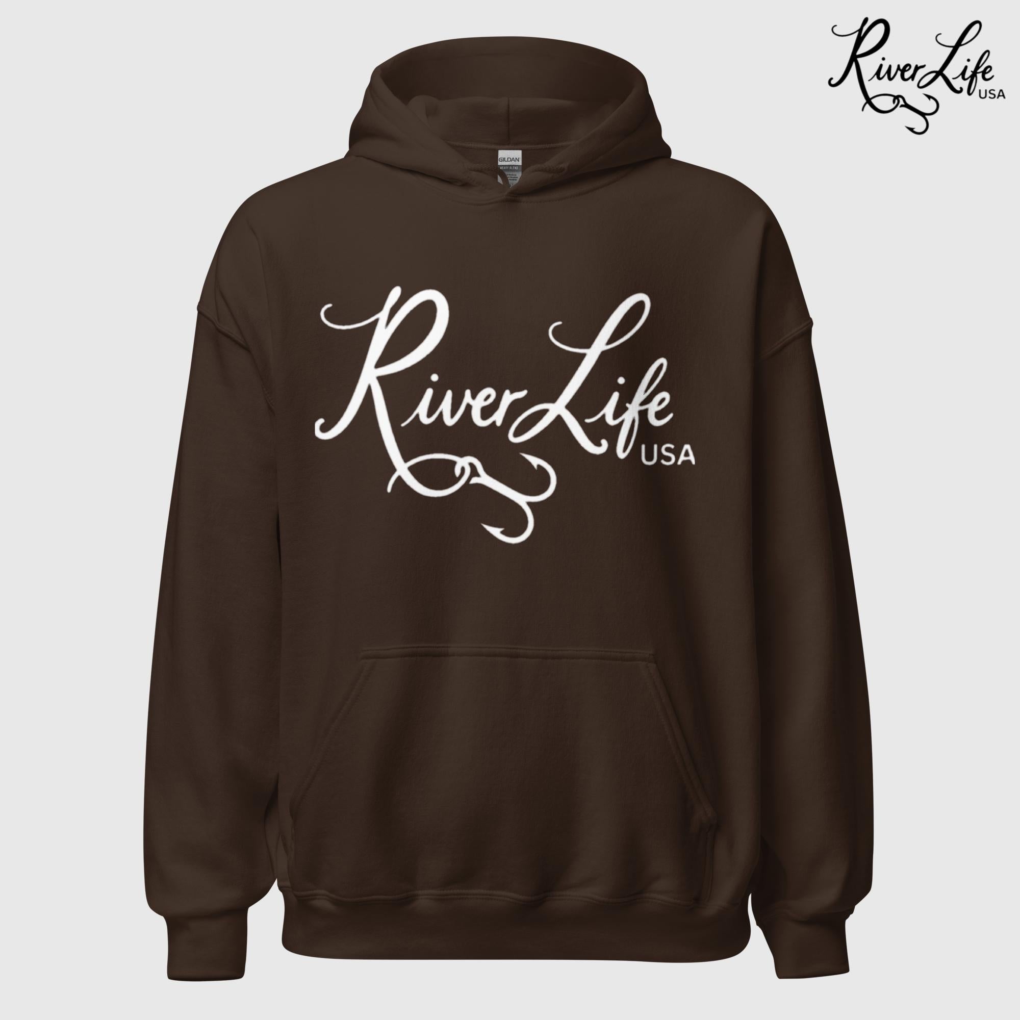 River Life USA Script Logo | Unisex Pullover Hoodie-Dark Chocolate-River Life USA