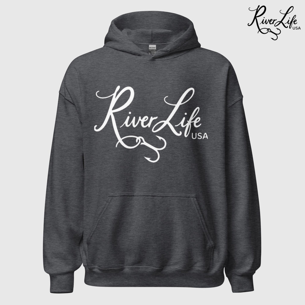 River Life USA Script Logo | Unisex Pullover Hoodie-Dark Heather-River Life USA