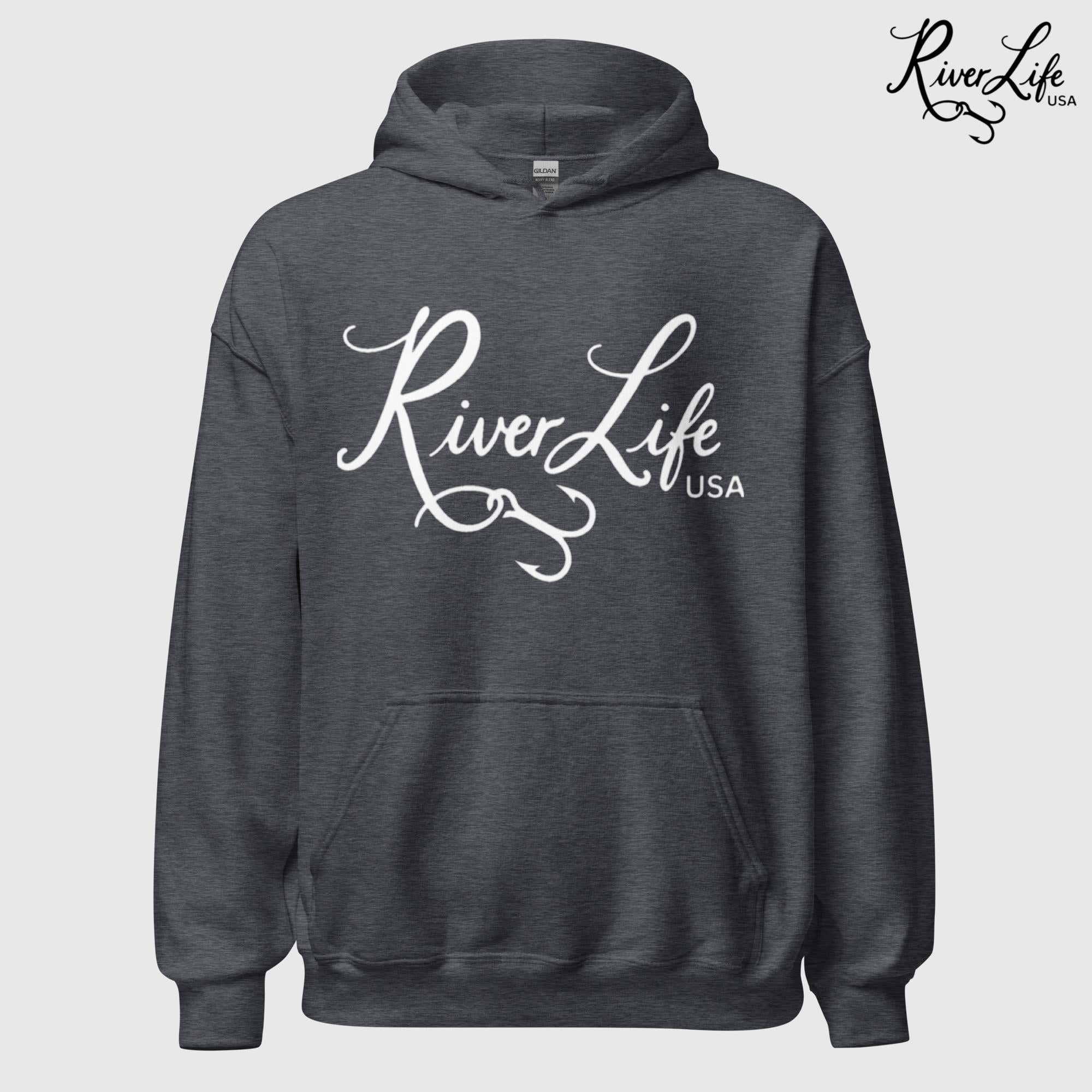 River Life USA Script Logo | Unisex Pullover Hoodie-Dark Heather-River Life USA