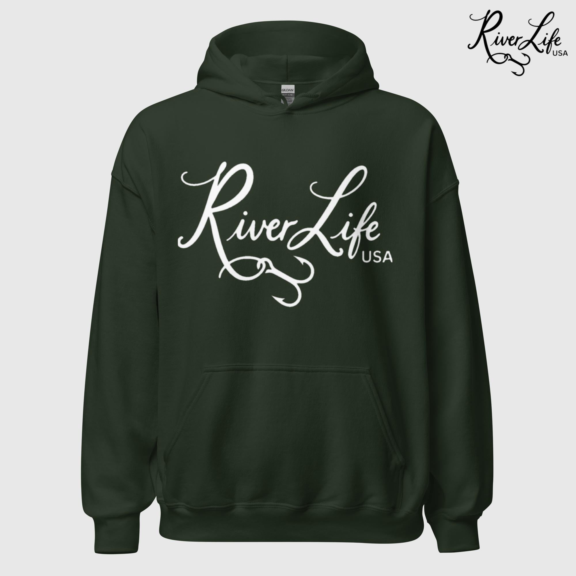 River Life USA Script Logo | Unisex Pullover Hoodie-Forest Green-River Life USA