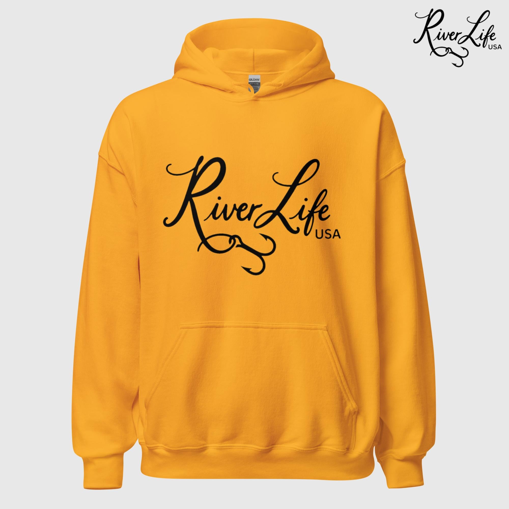 River Life USA Script Logo | Unisex Pullover Hoodie-Gold-River Life USA