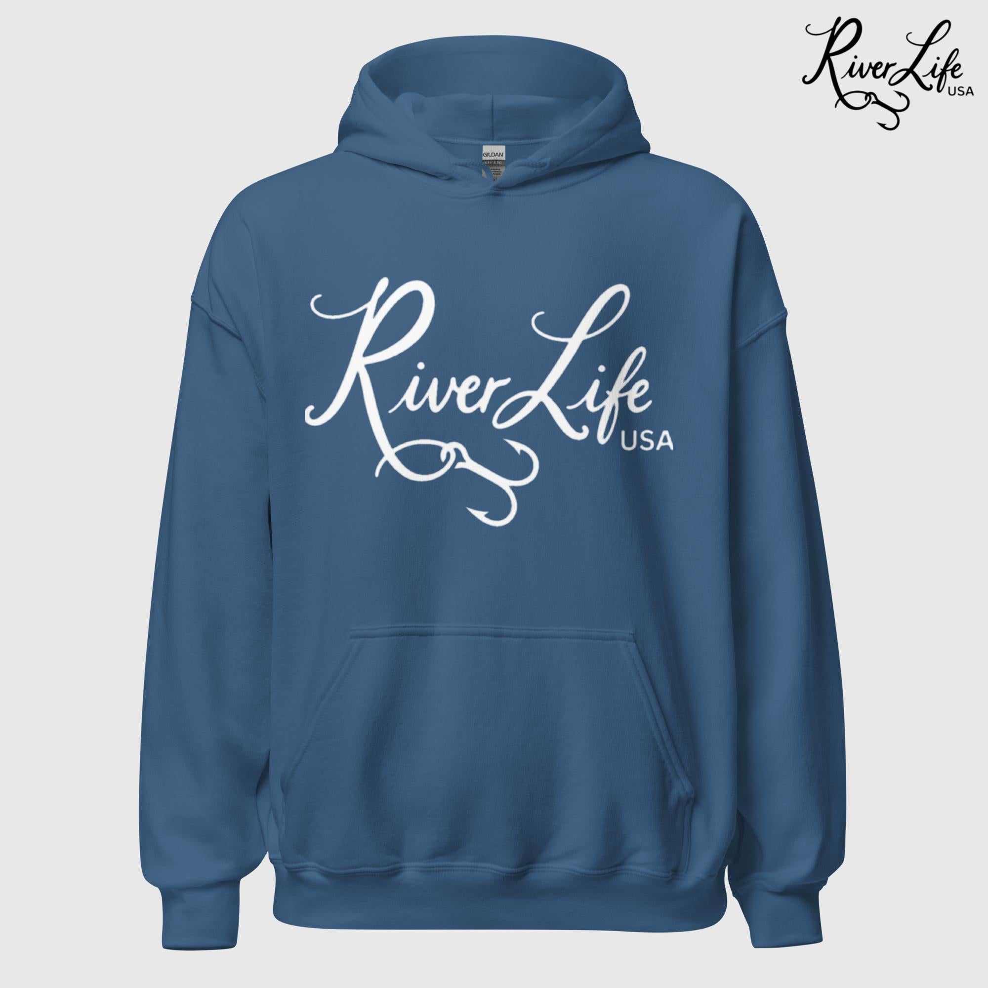 River Life USA Script Logo | Unisex Pullover Hoodie-Heather Indigo-River Life USA