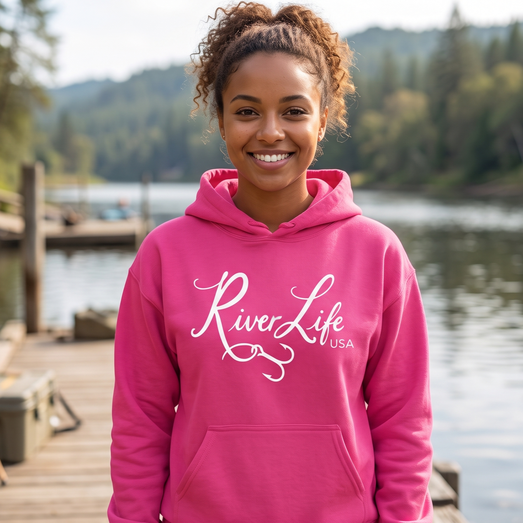 River Life USA Script Logo | Unisex Pullover Hoodie-Heliconia-River Life USA