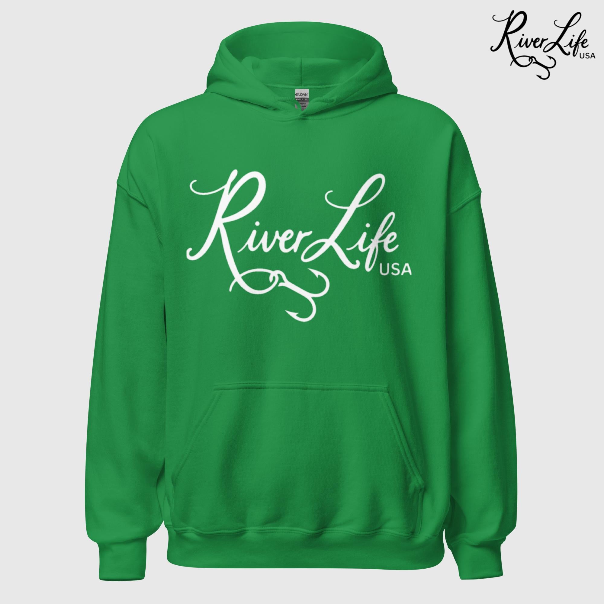River Life USA Script Logo | Unisex Pullover Hoodie-Irish Green-River Life USA