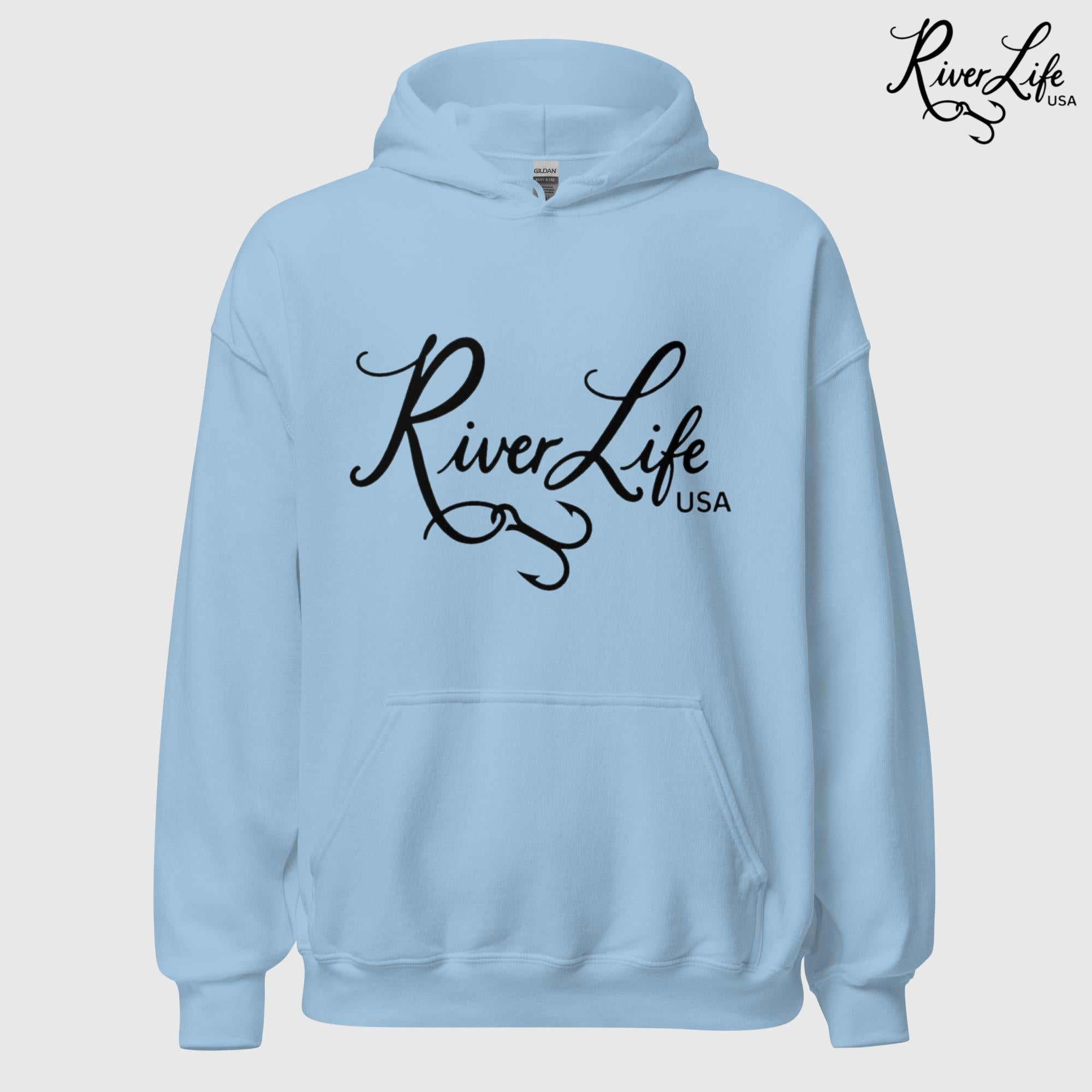 River Life USA Script Logo | Unisex Pullover Hoodie-Light Blue-River Life USA