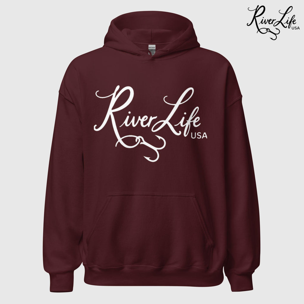 River Life USA Script Logo | Unisex Pullover Hoodie-Maroon-River Life USA