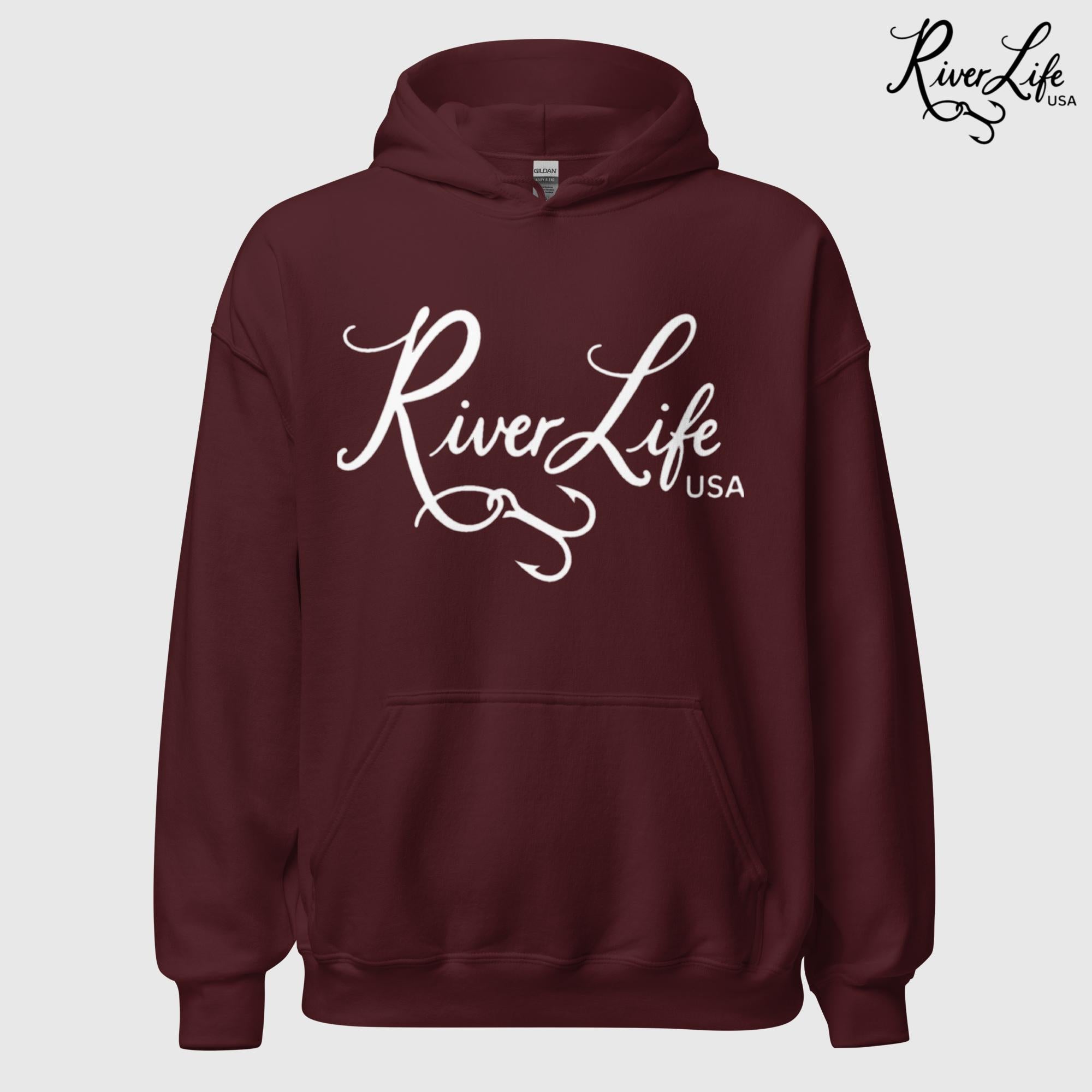 River Life USA Script Logo | Unisex Pullover Hoodie-Maroon-River Life USA
