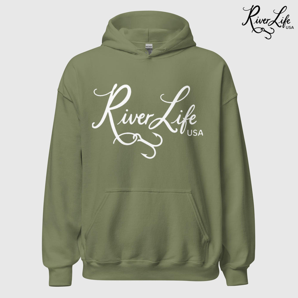 River Life USA Script Logo | Unisex Pullover Hoodie-Military Green-River Life USA