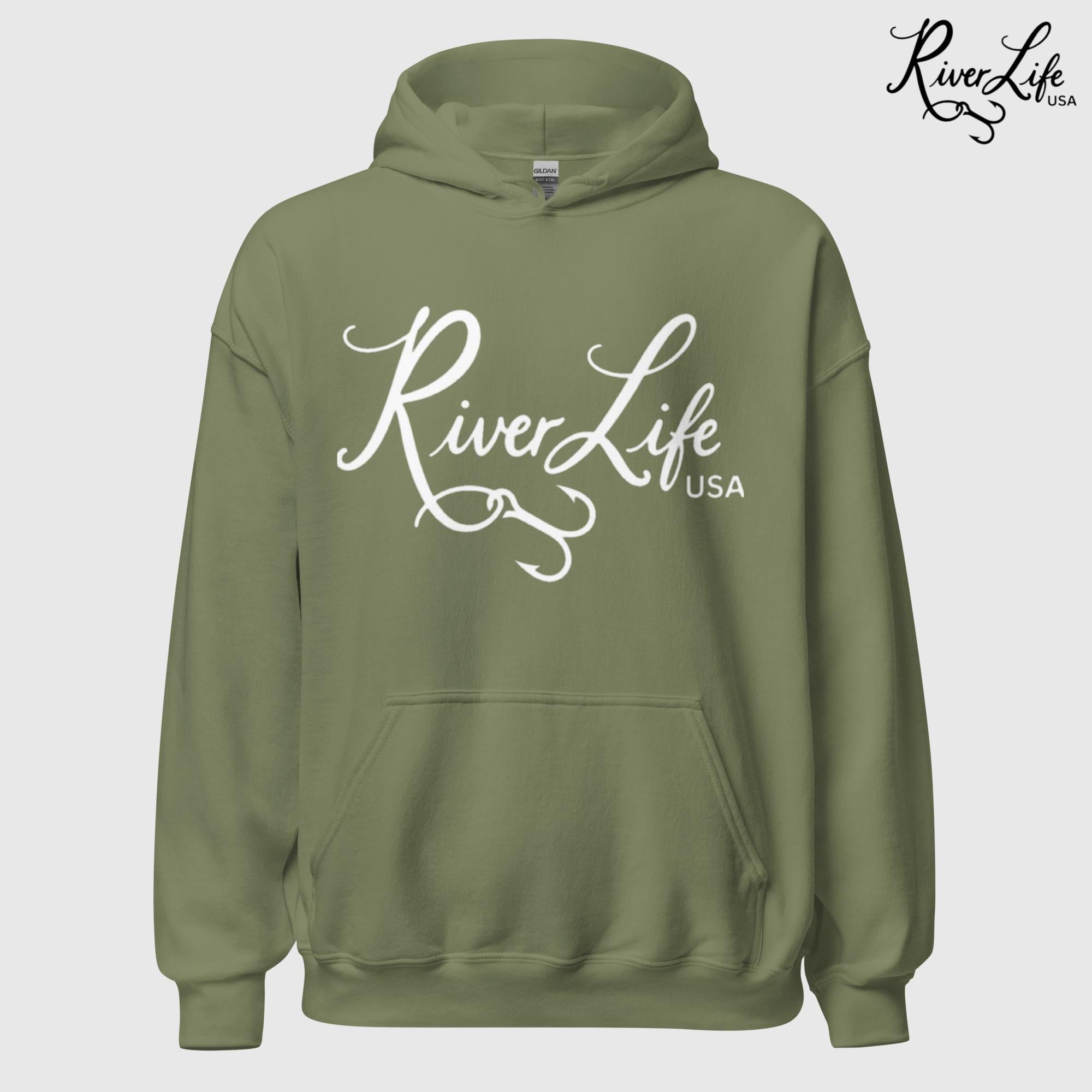 River Life USA Script Logo | Unisex Pullover Hoodie-Military Green-River Life USA