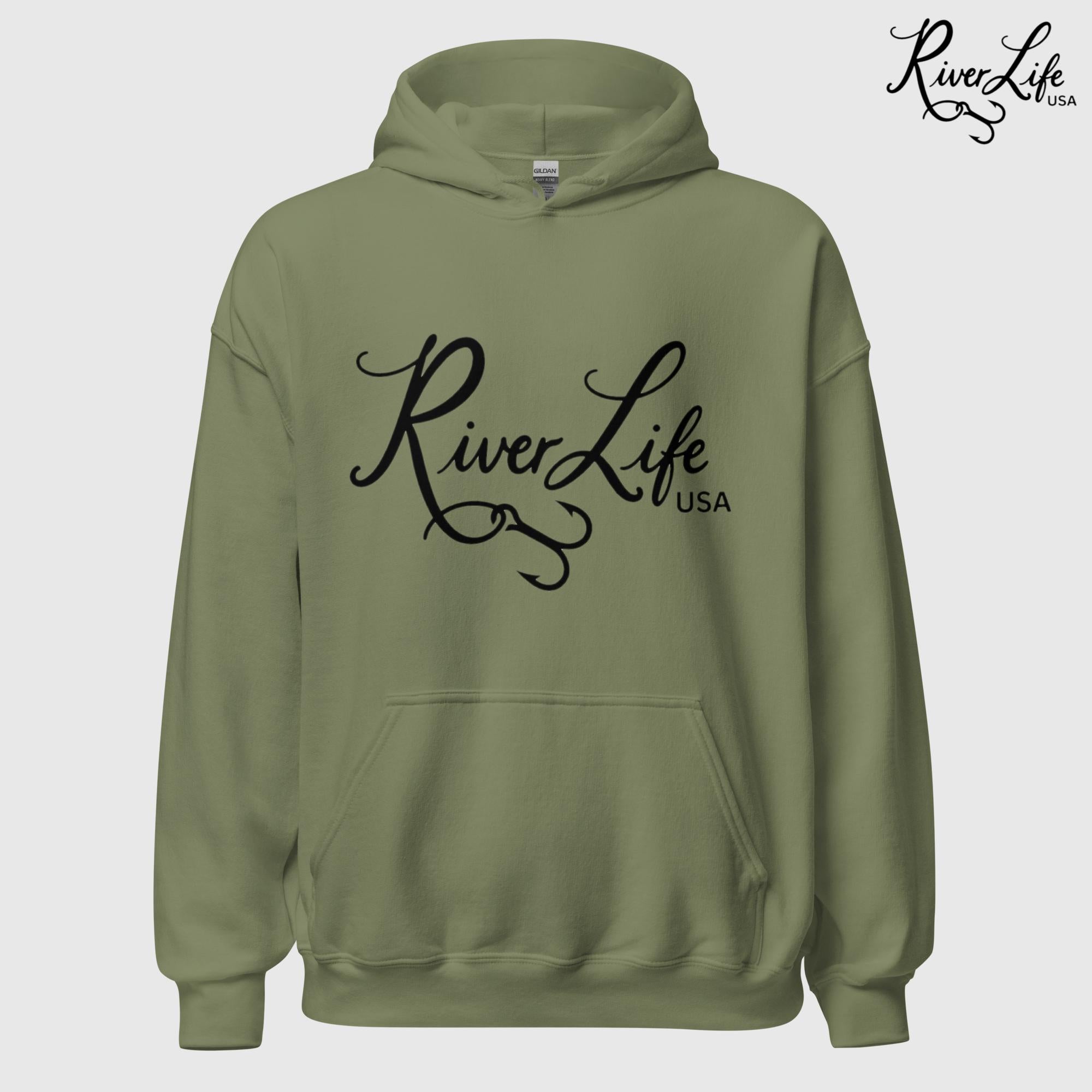 River Life USA Script Logo | Unisex Pullover Hoodie-Military Green-River Life USA