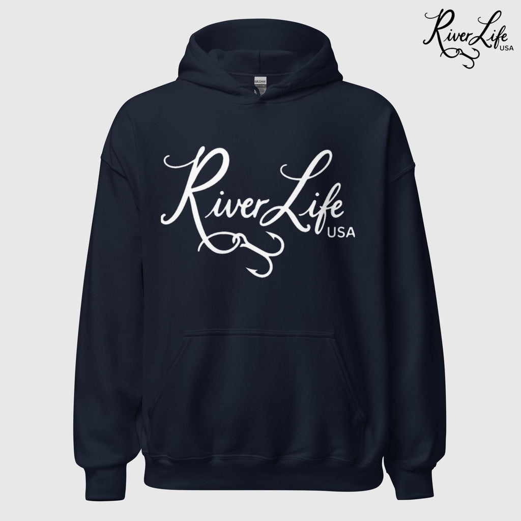 River Life USA Script Logo | Unisex Pullover Hoodie-Navy-River Life USA