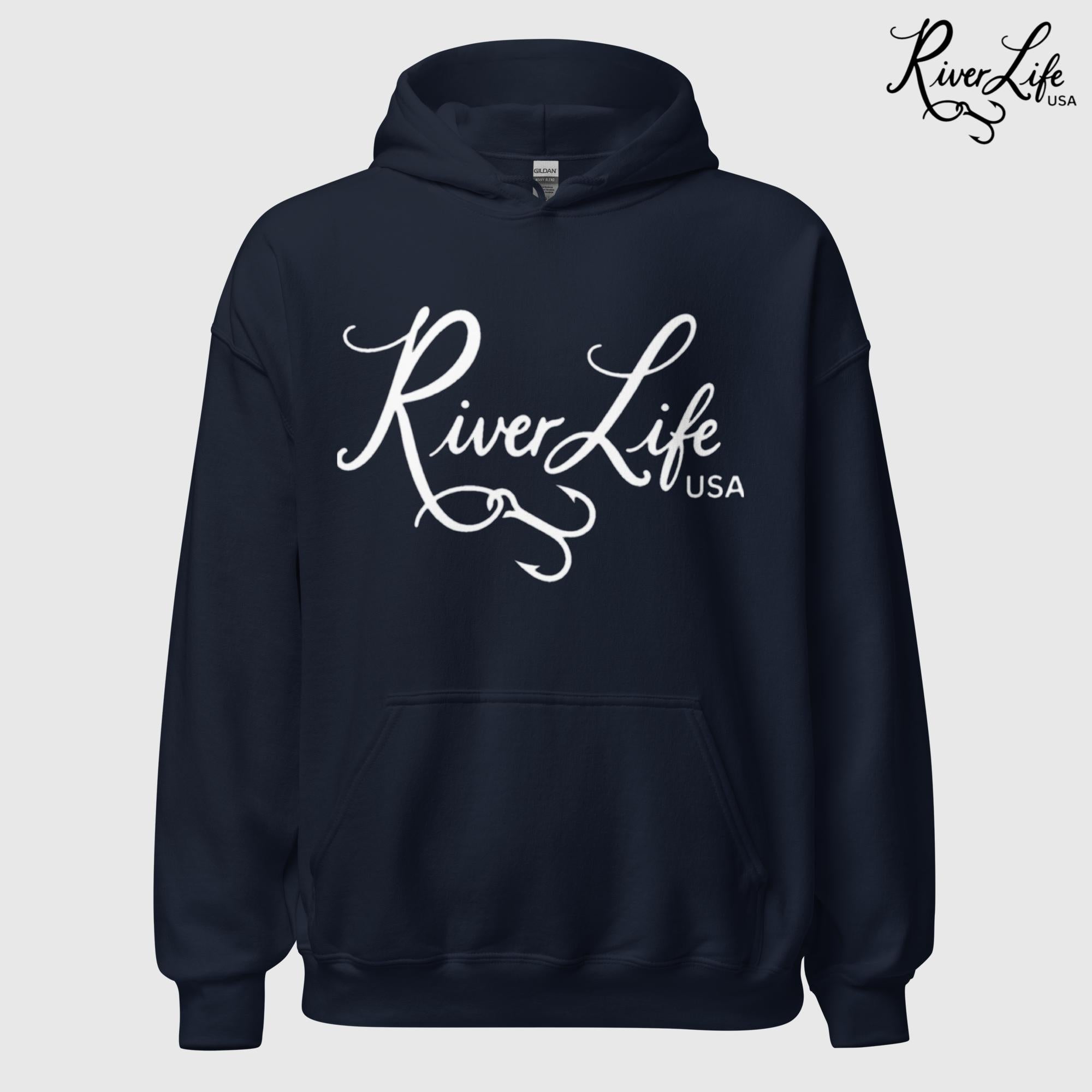 River Life USA Script Logo | Unisex Pullover Hoodie-Navy-River Life USA
