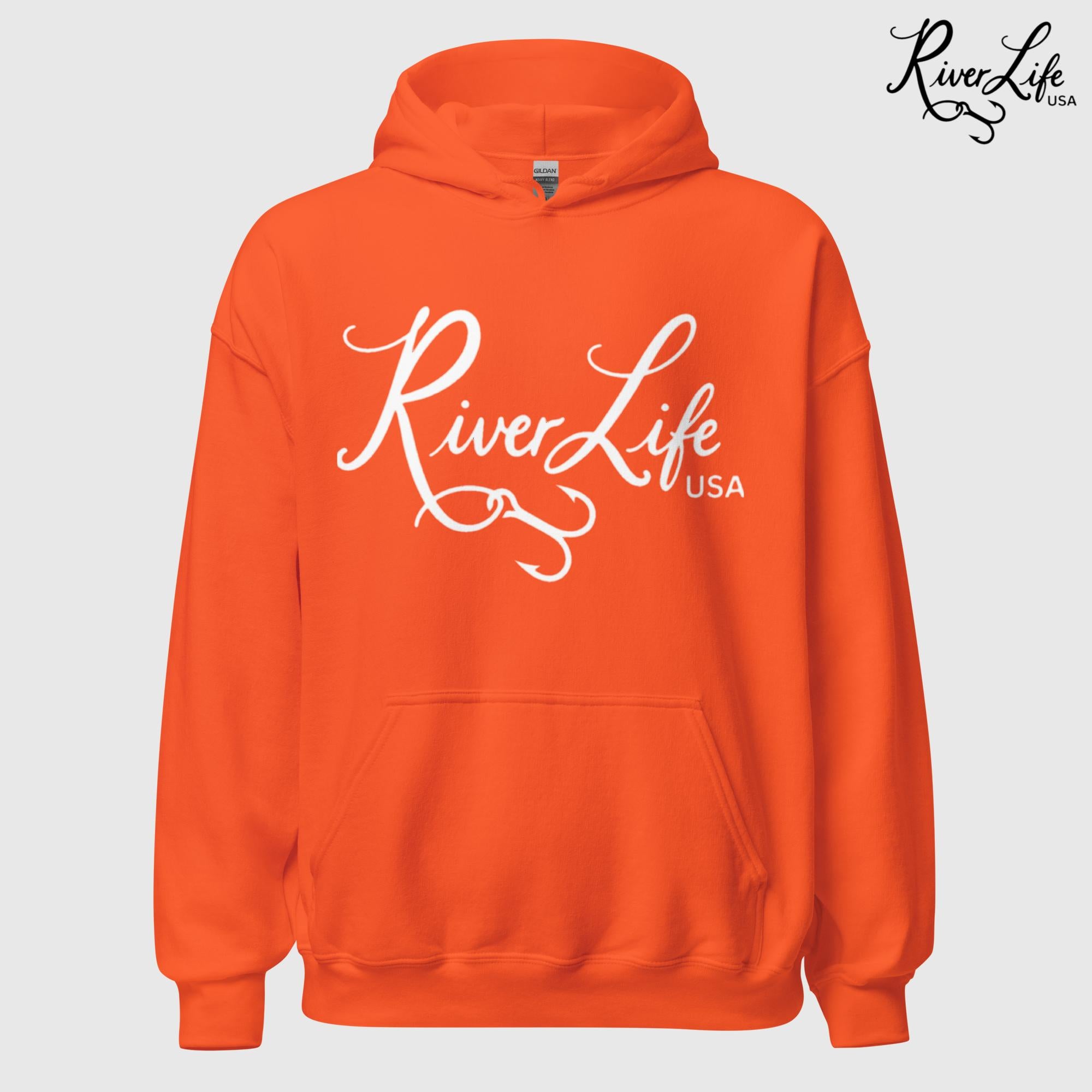 River Life USA Script Logo | Unisex Pullover Hoodie-Orange-River Life USA