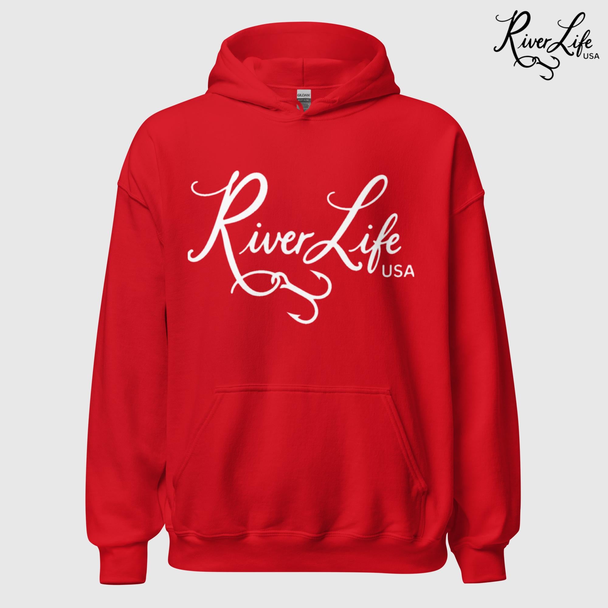 River Life USA Script Logo | Unisex Pullover Hoodie-Red-River Life USA