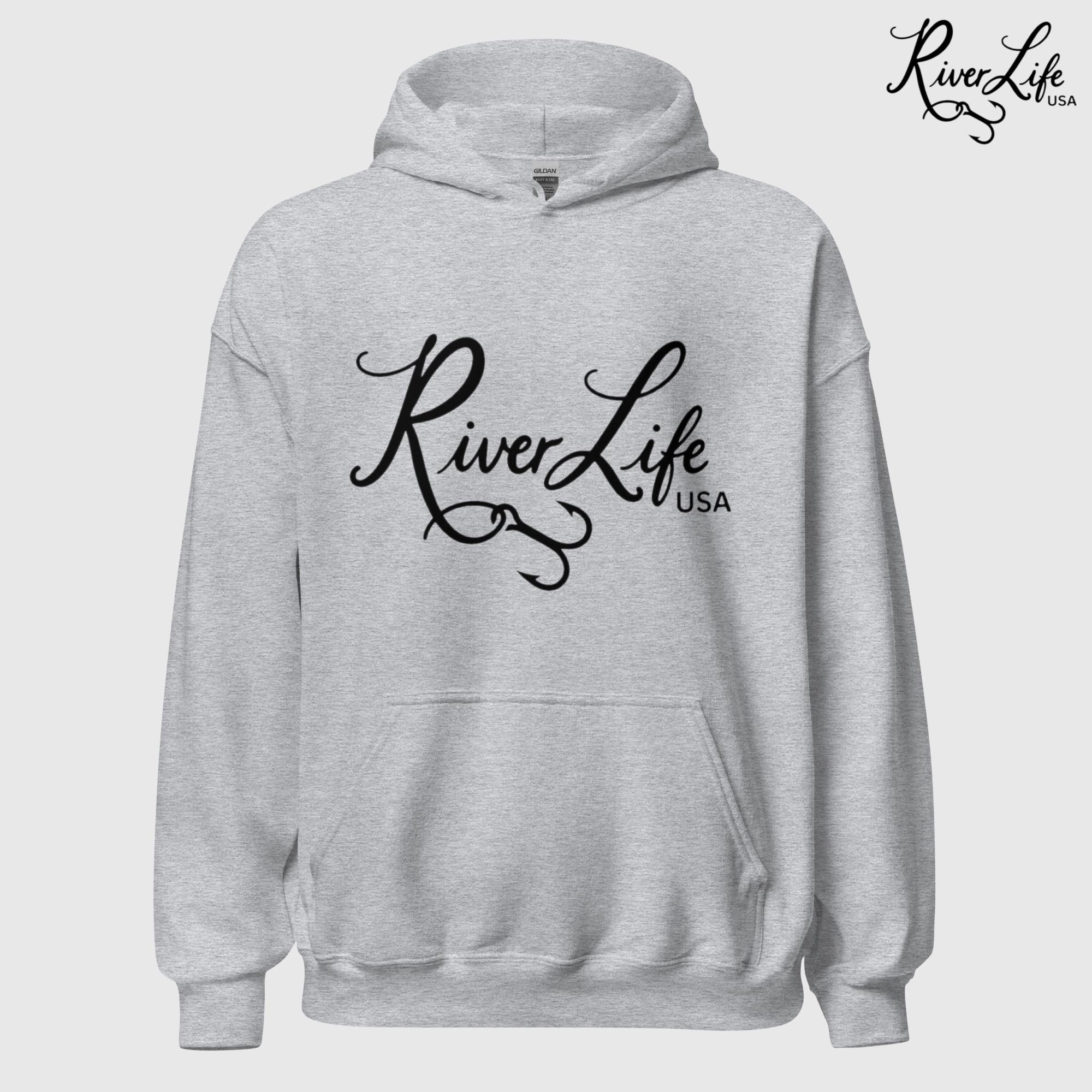 River Life USA Script Logo | Unisex Pullover Hoodie-Sport Grey-River Life USA