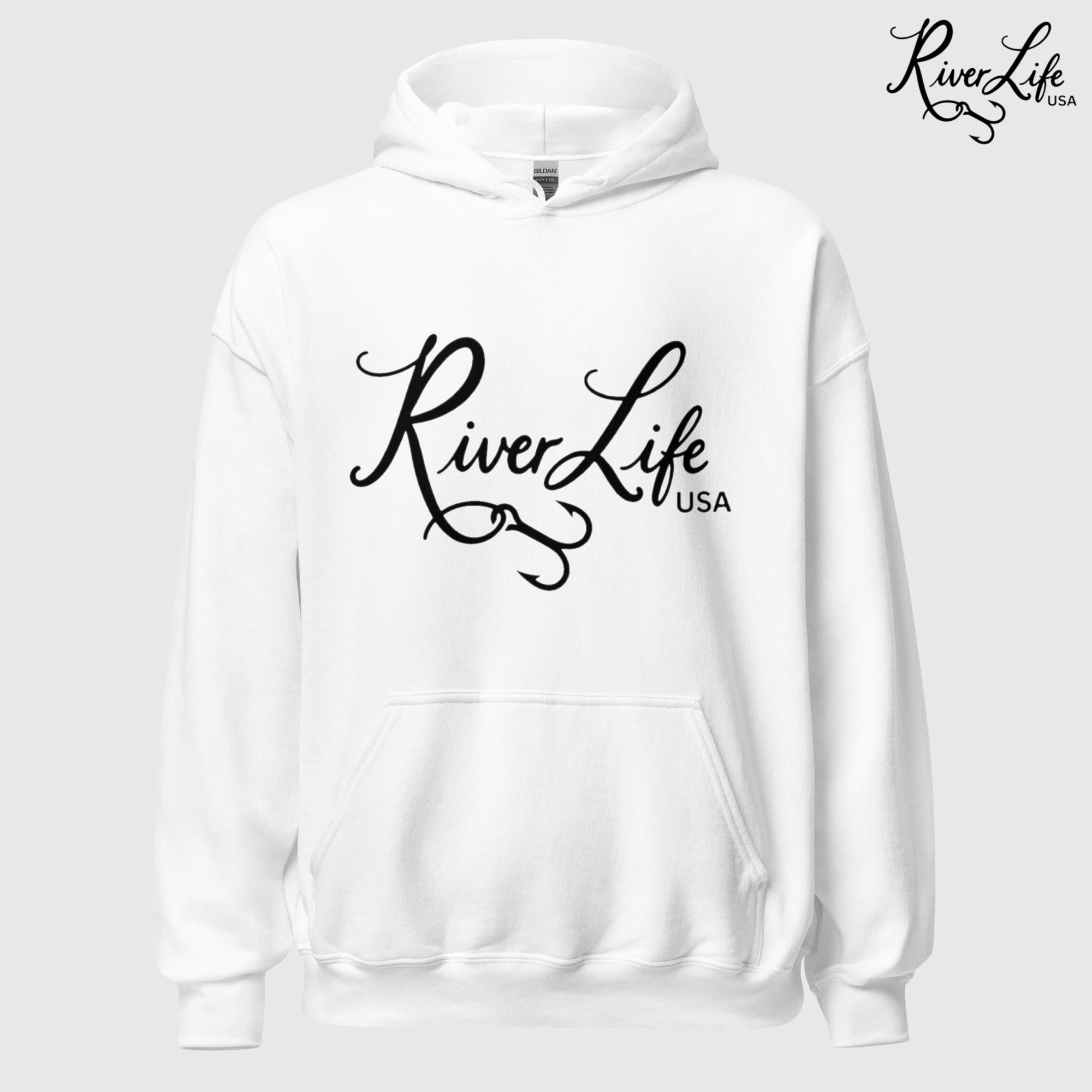 River Life USA Script Logo | Unisex Pullover Hoodie-White-River Life USA