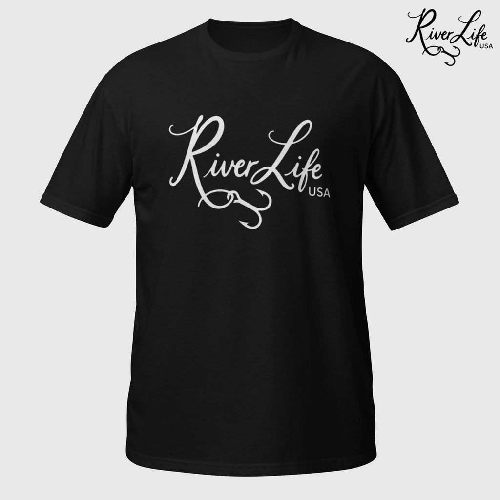 River Life USA Script Logo (white print) | Short-Sleeve Unisex T-Shirt-Black-River Life USA