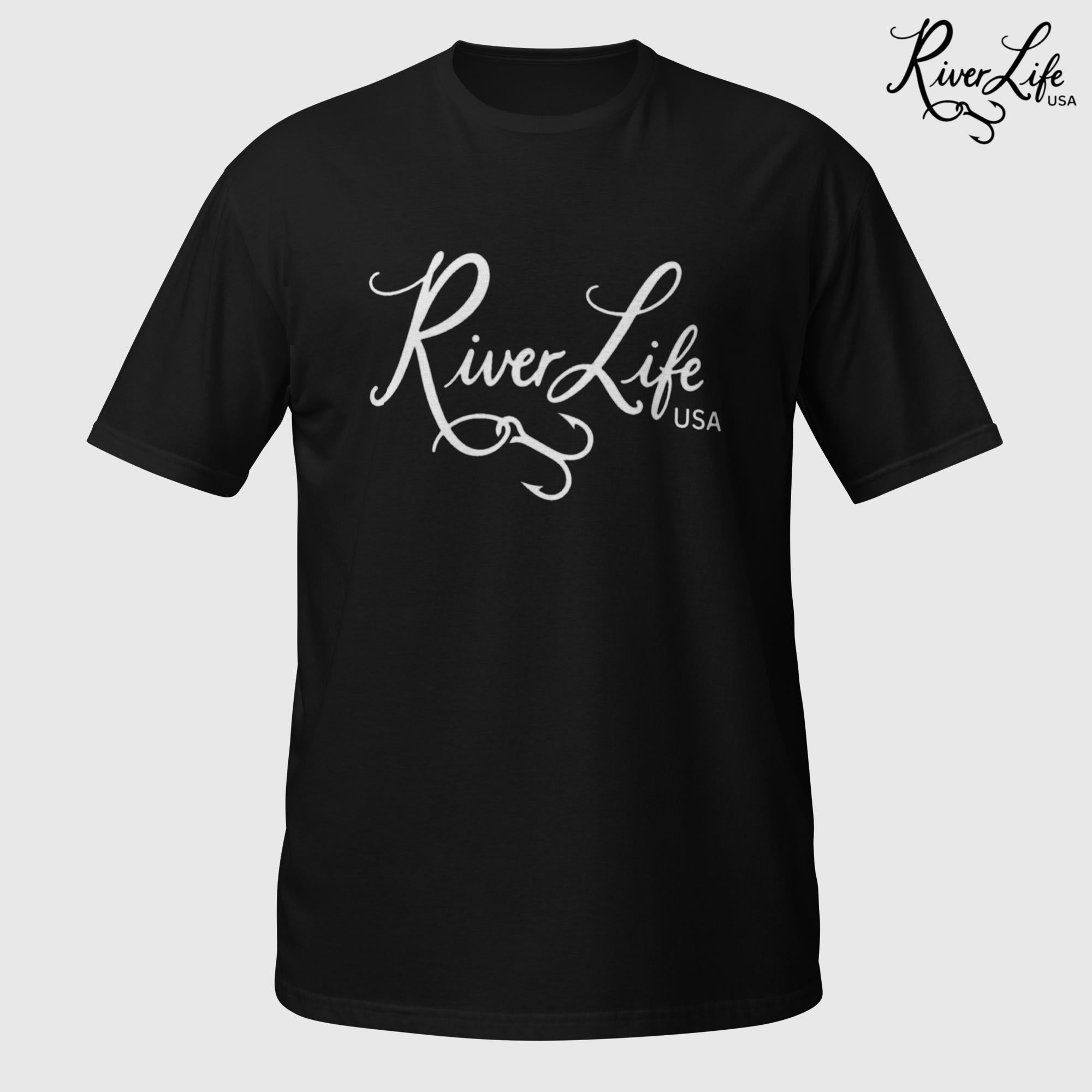 River Life USA Script Logo (white print) | Short-Sleeve Unisex T-Shirt-Black-River Life USA