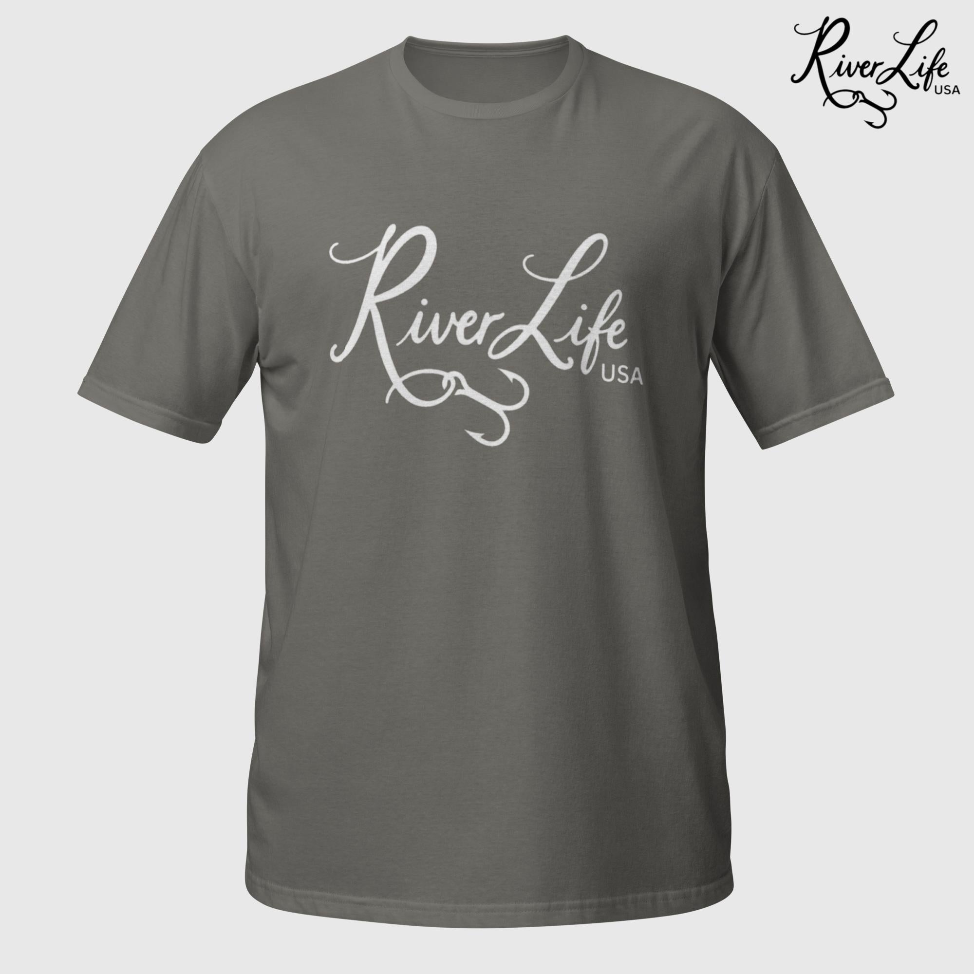 River Life USA Script Logo (white print) | Short-Sleeve Unisex T-Shirt-Charcoal-River Life USA