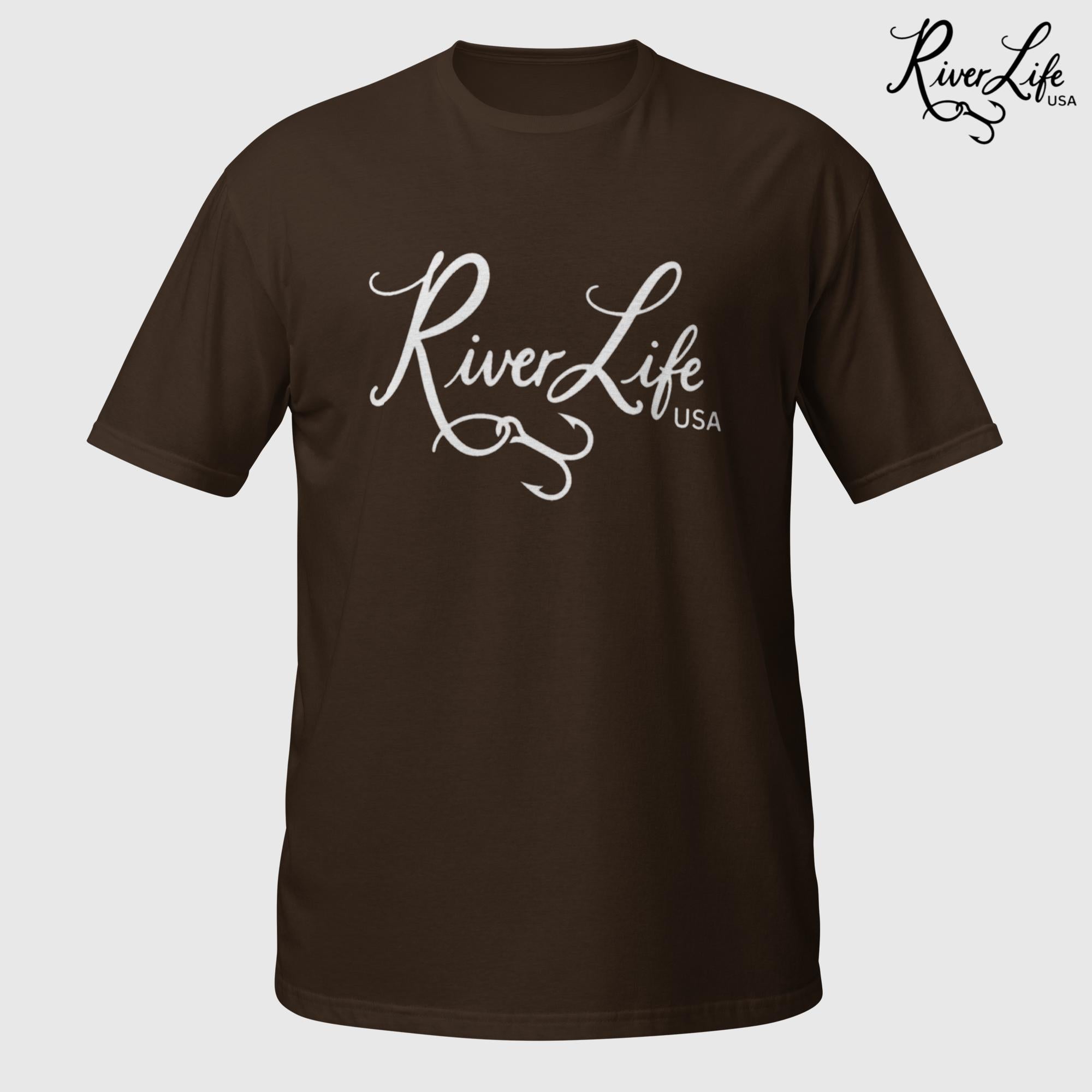 River Life USA Script Logo (white print) | Short-Sleeve Unisex T-Shirt-Dark Chocolate-River Life USA