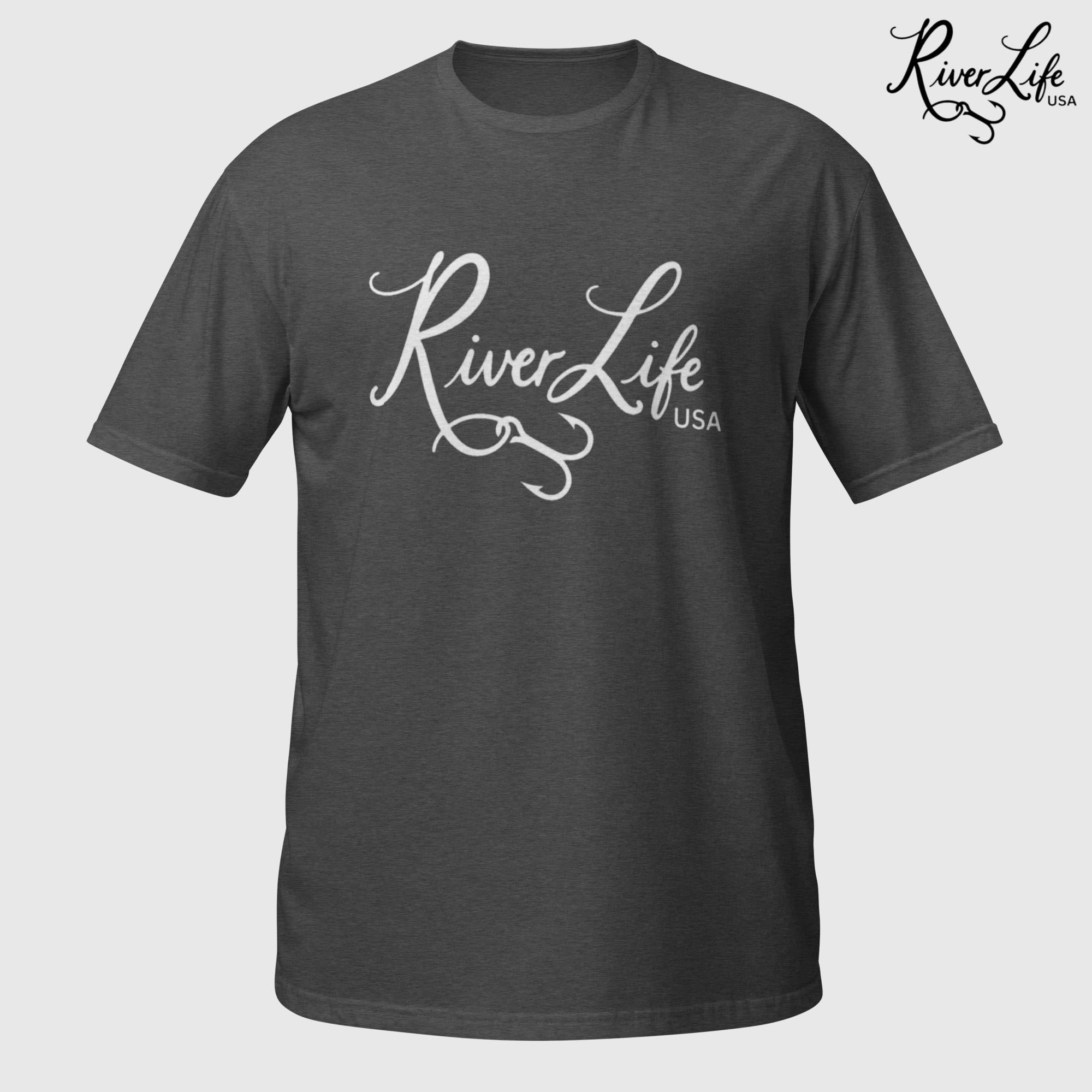 River Life USA Script Logo (white print) | Short-Sleeve Unisex T-Shirt-Dark Heather Grey-River Life USA