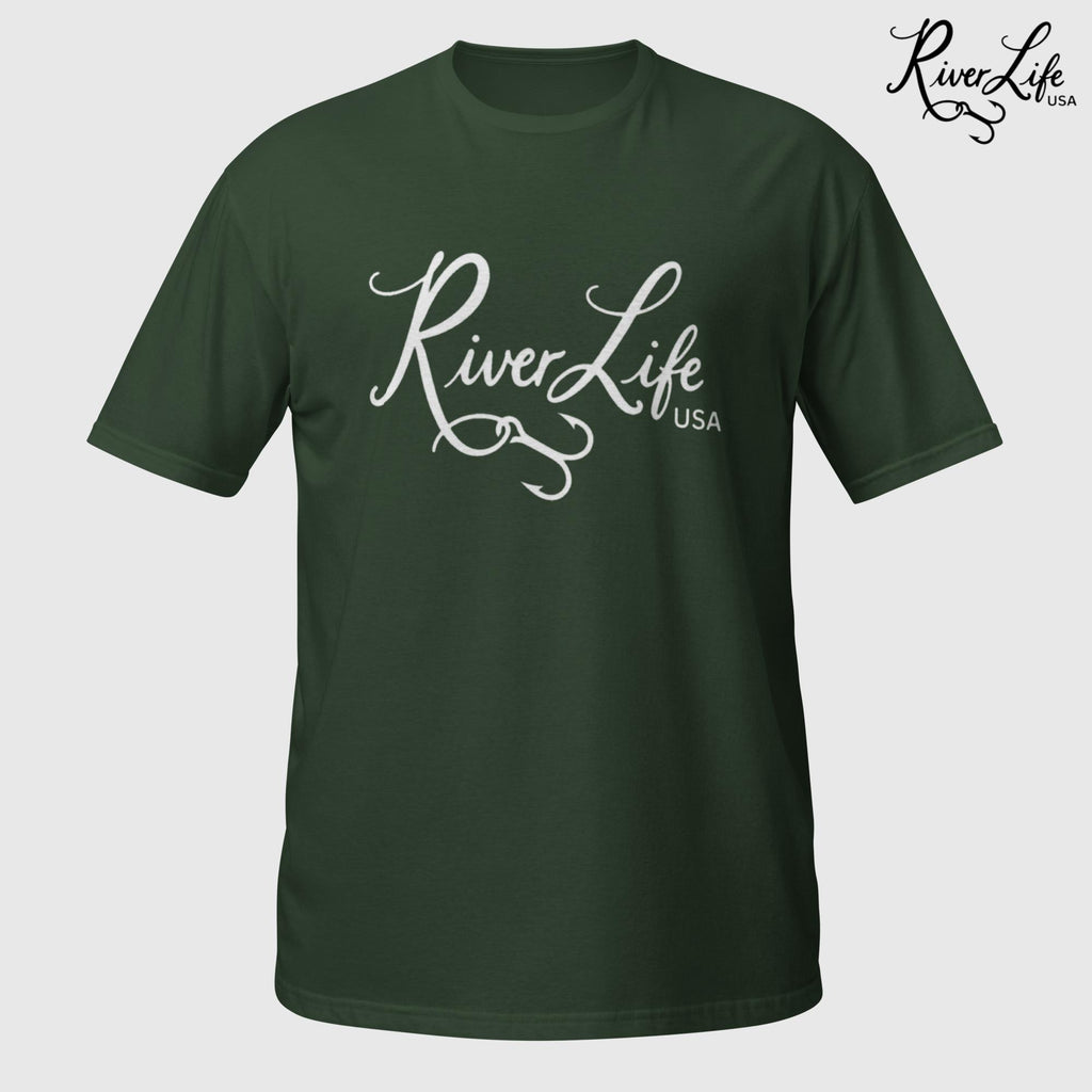 River Life USA Script Logo (white print) | Short-Sleeve Unisex T-Shirt-Forest Green-River Life USA