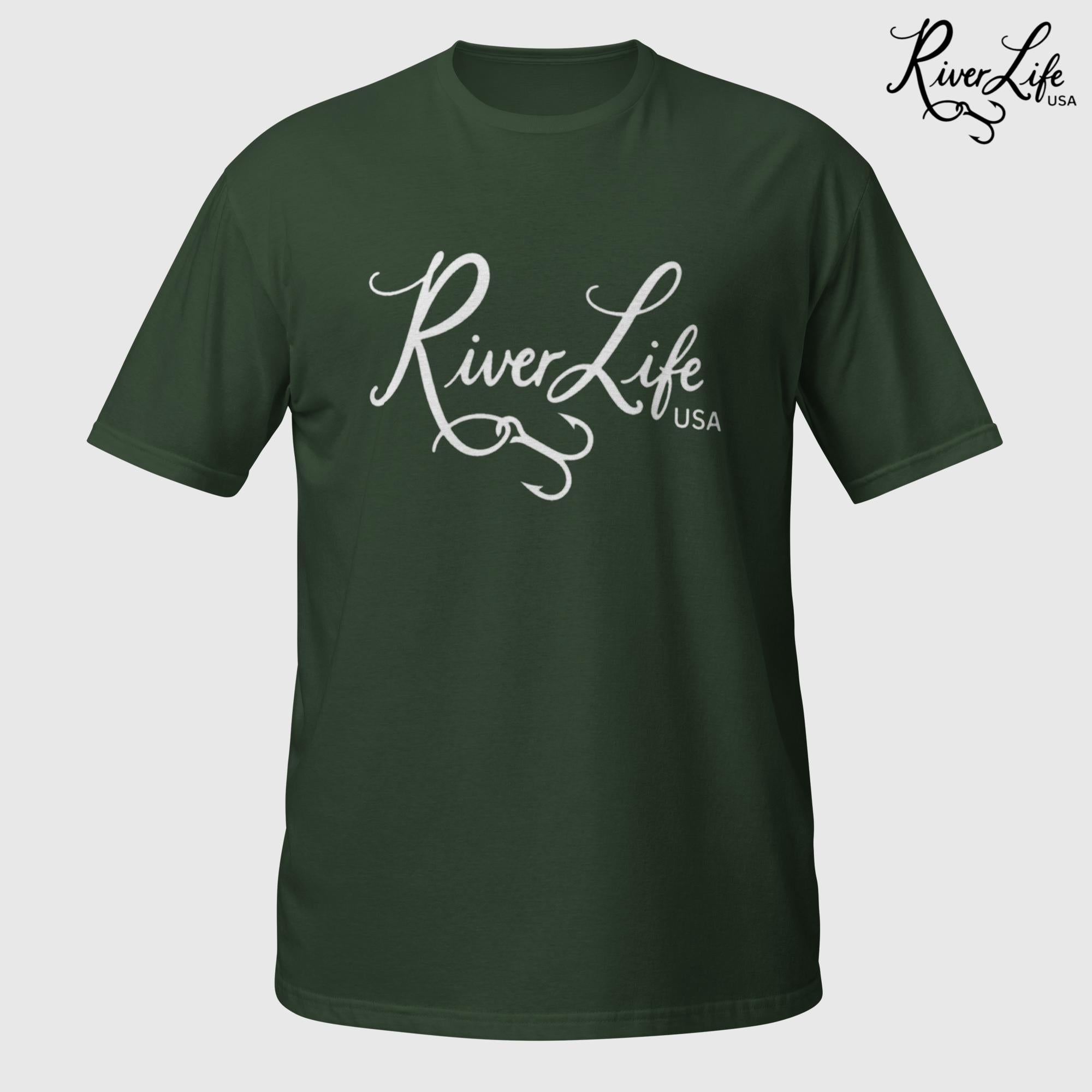 River Life USA Script Logo (white print) | Short-Sleeve Unisex T-Shirt-Forest Green-River Life USA