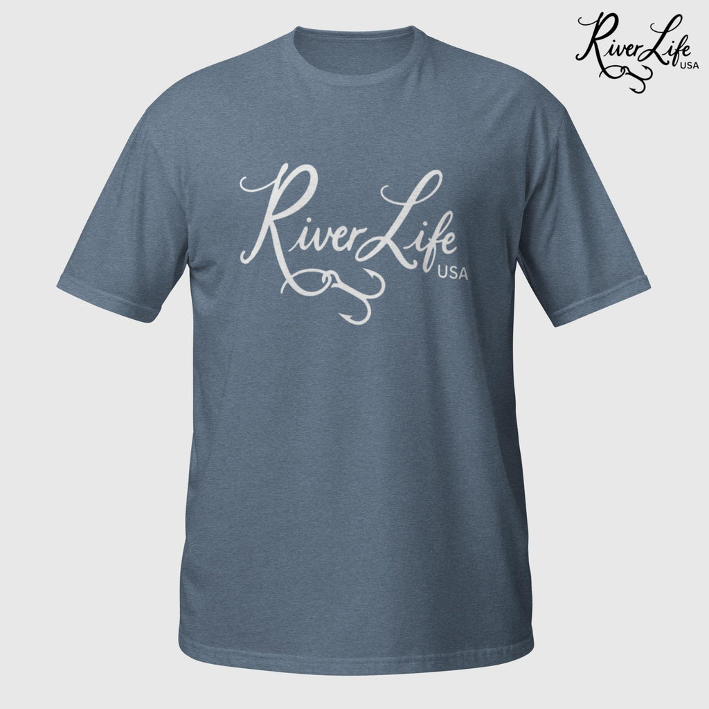 River Life USA Script Logo (white print) | Short-Sleeve Unisex T-Shirt-Heather Indigo-River Life USA