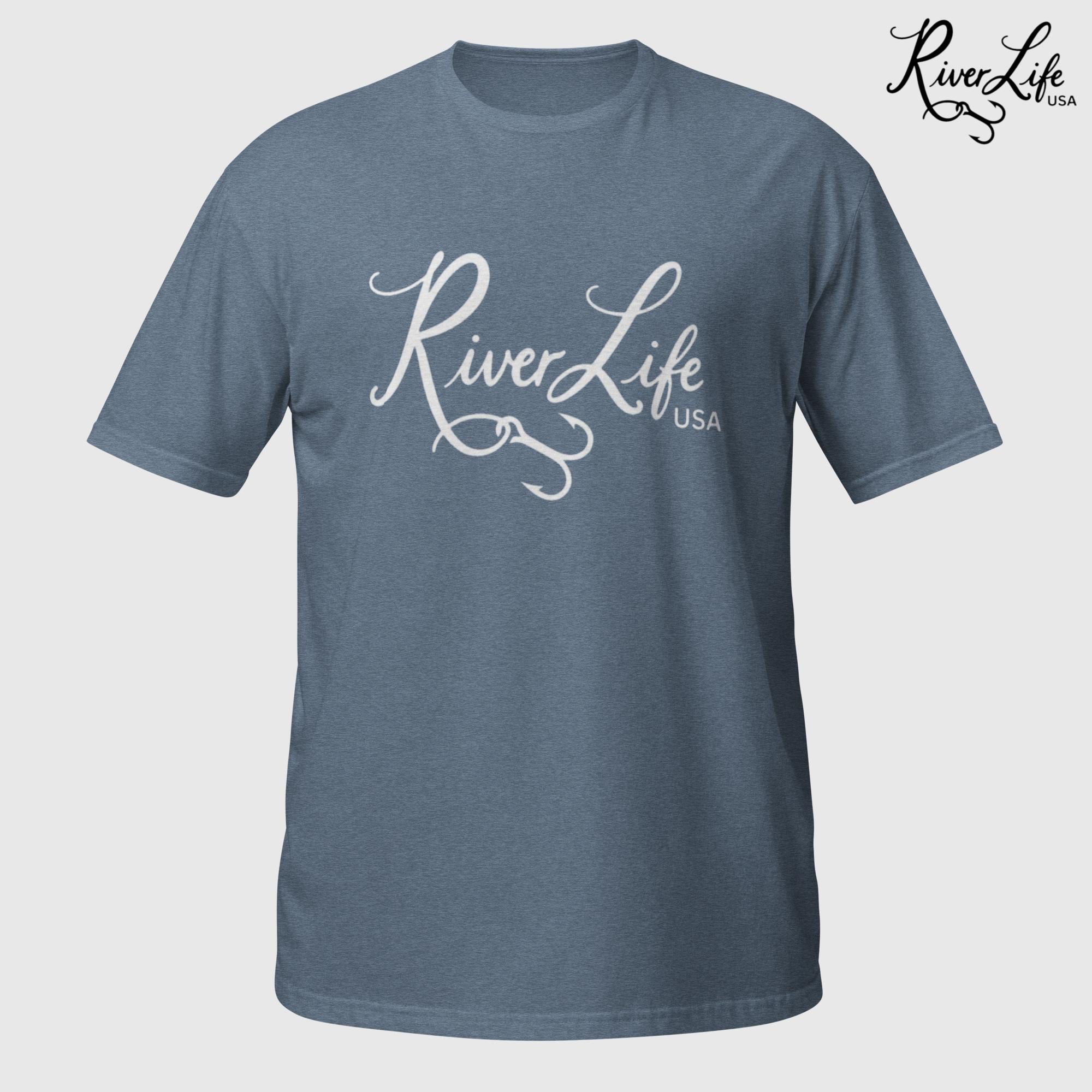 River Life USA Script Logo (white print) | Short-Sleeve Unisex T-Shirt-Heather Indigo-River Life USA
